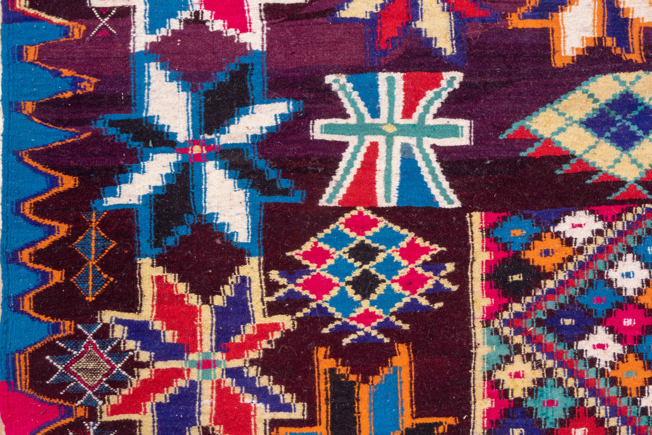 7' x 10' one-of-a-kind handmade vintage Kilim large size rug. Color palette: plum, crimson, orange, ivory, turquoise, cobalt