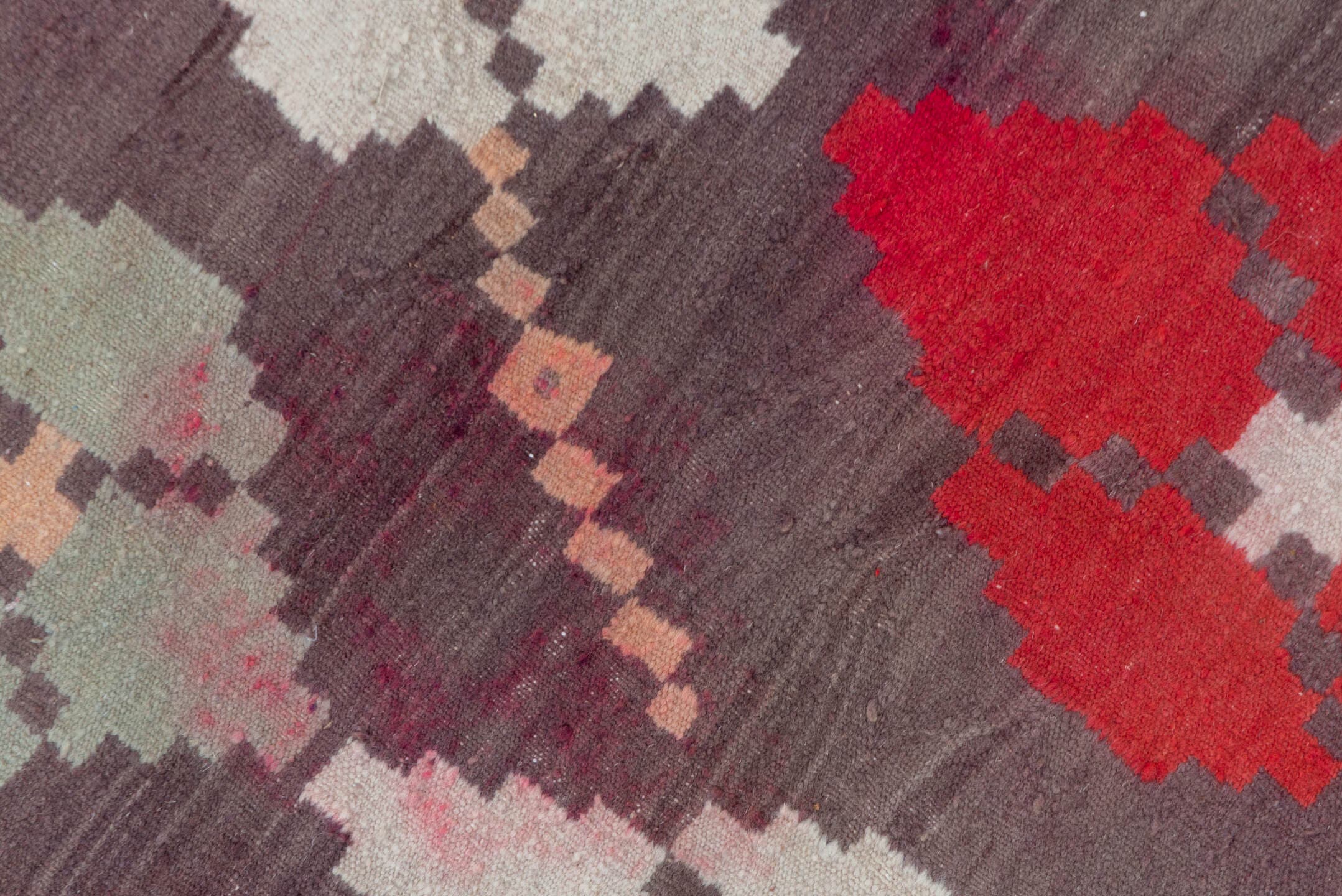 7' x 11' one-of-a-kind handmade vintage Kilim large size rug. Color palette: brown, red, ivory, gray, blush, taupe, pink
