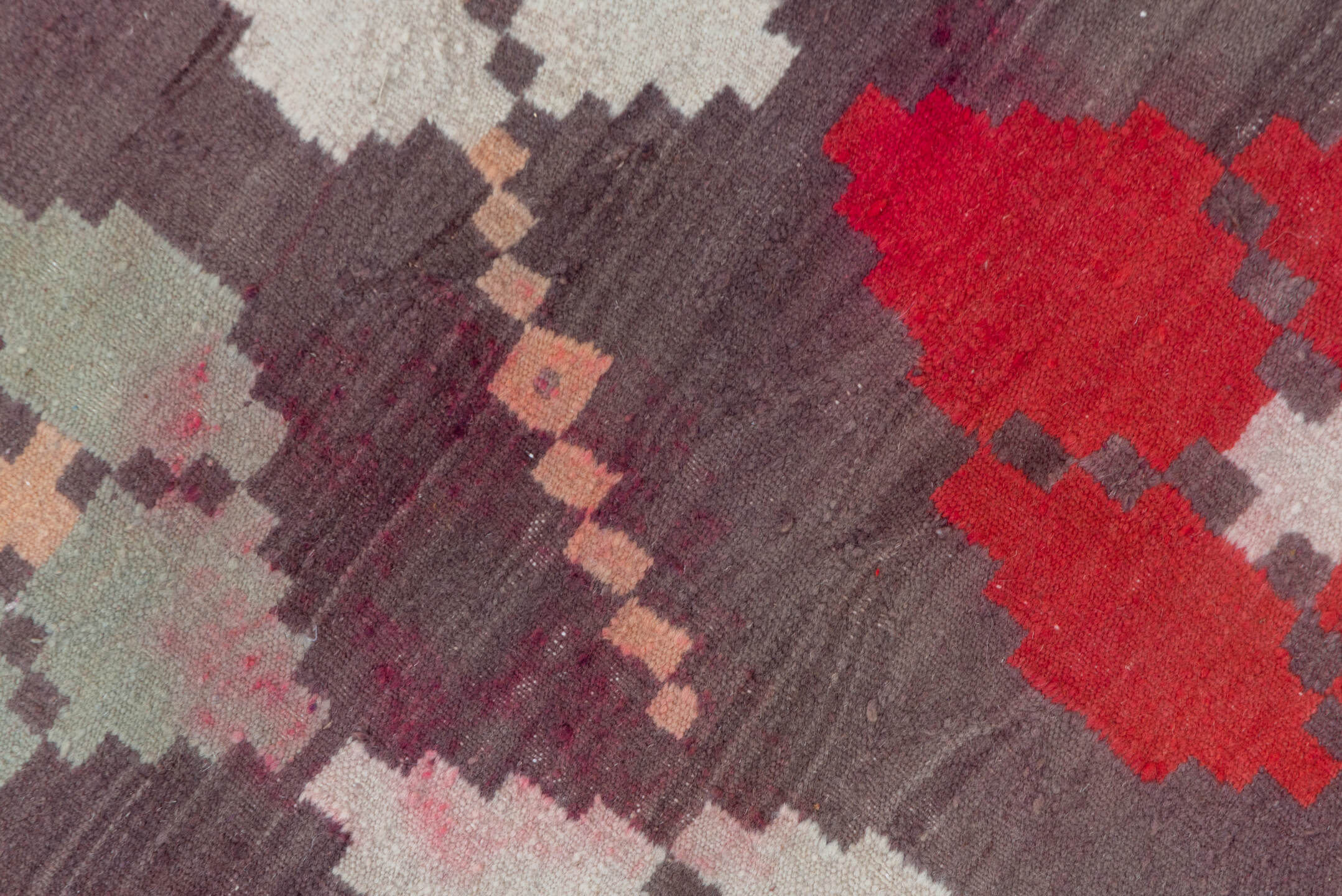 7' x 11' one-of-a-kind handmade vintage Kilim large size rug. Color palette: brown, gray, light gray, pink, red