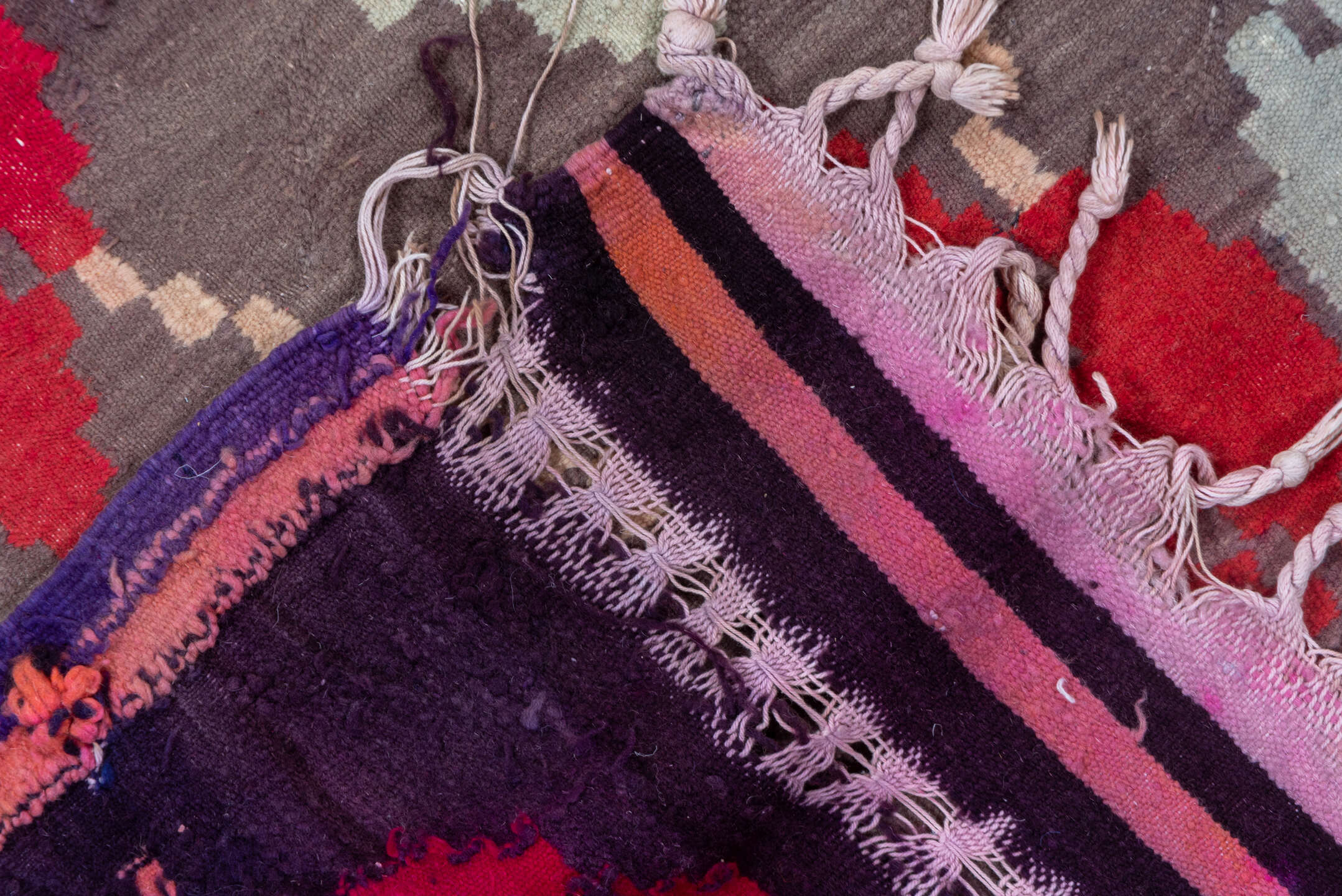 7' x 11' one-of-a-kind handmade vintage Kilim large size rug. Color palette: brown, gray, light gray, pink, red