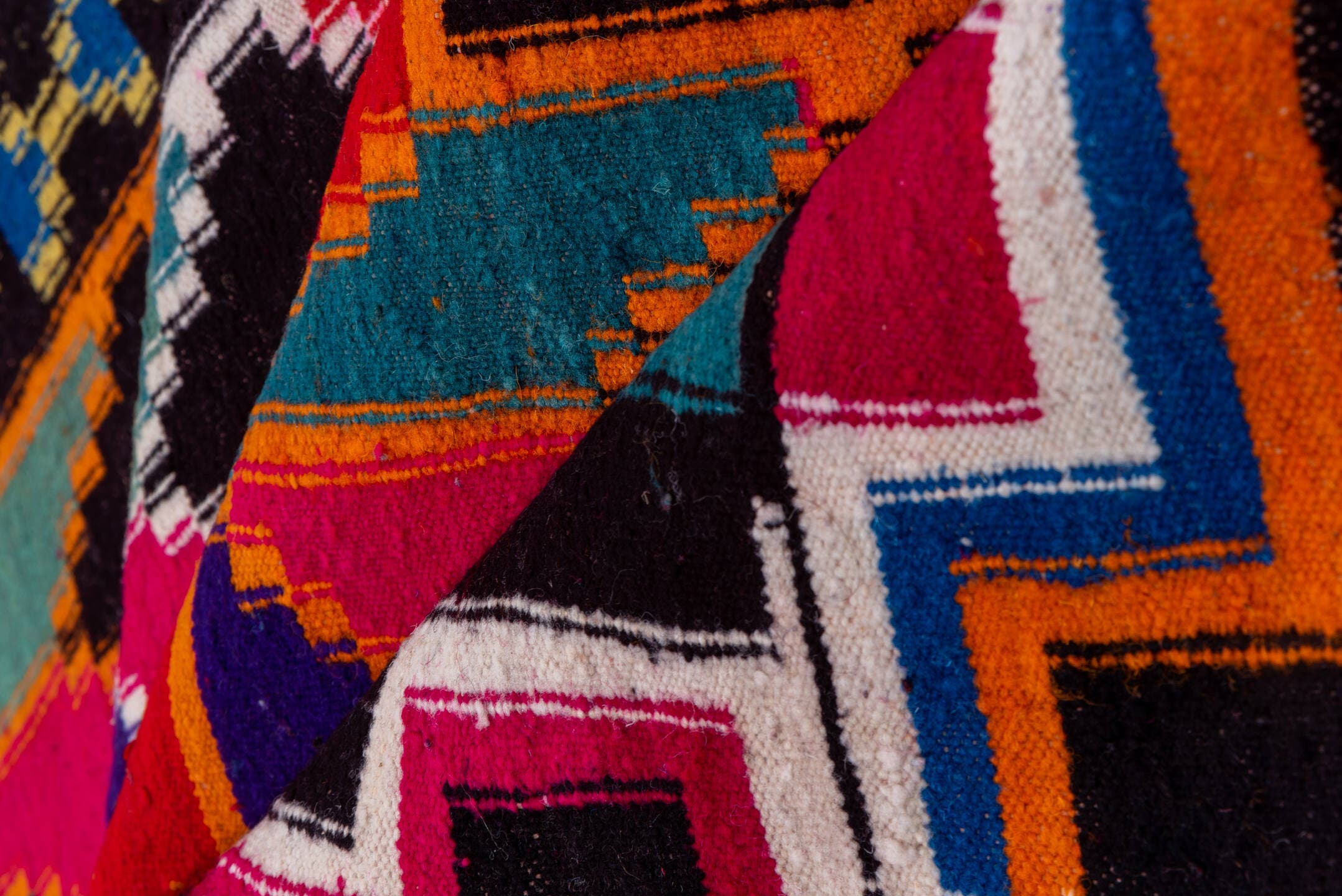 7' x 10' one-of-a-kind handmade vintage Kilim large size rug. Color palette: magenta, ebony, orange, ivory, cobalt