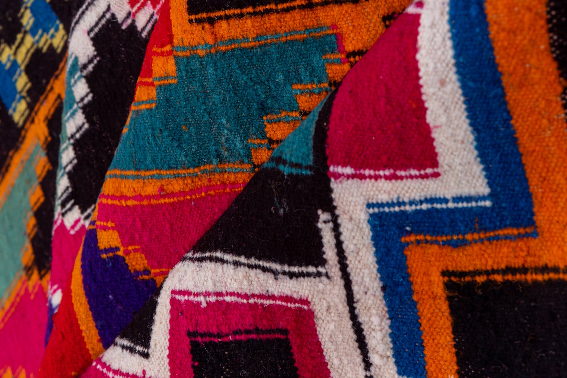 7' x 10' one-of-a-kind handmade vintage Kilim large size rug. Color palette: magenta, ebony, orange, ivory, cobalt