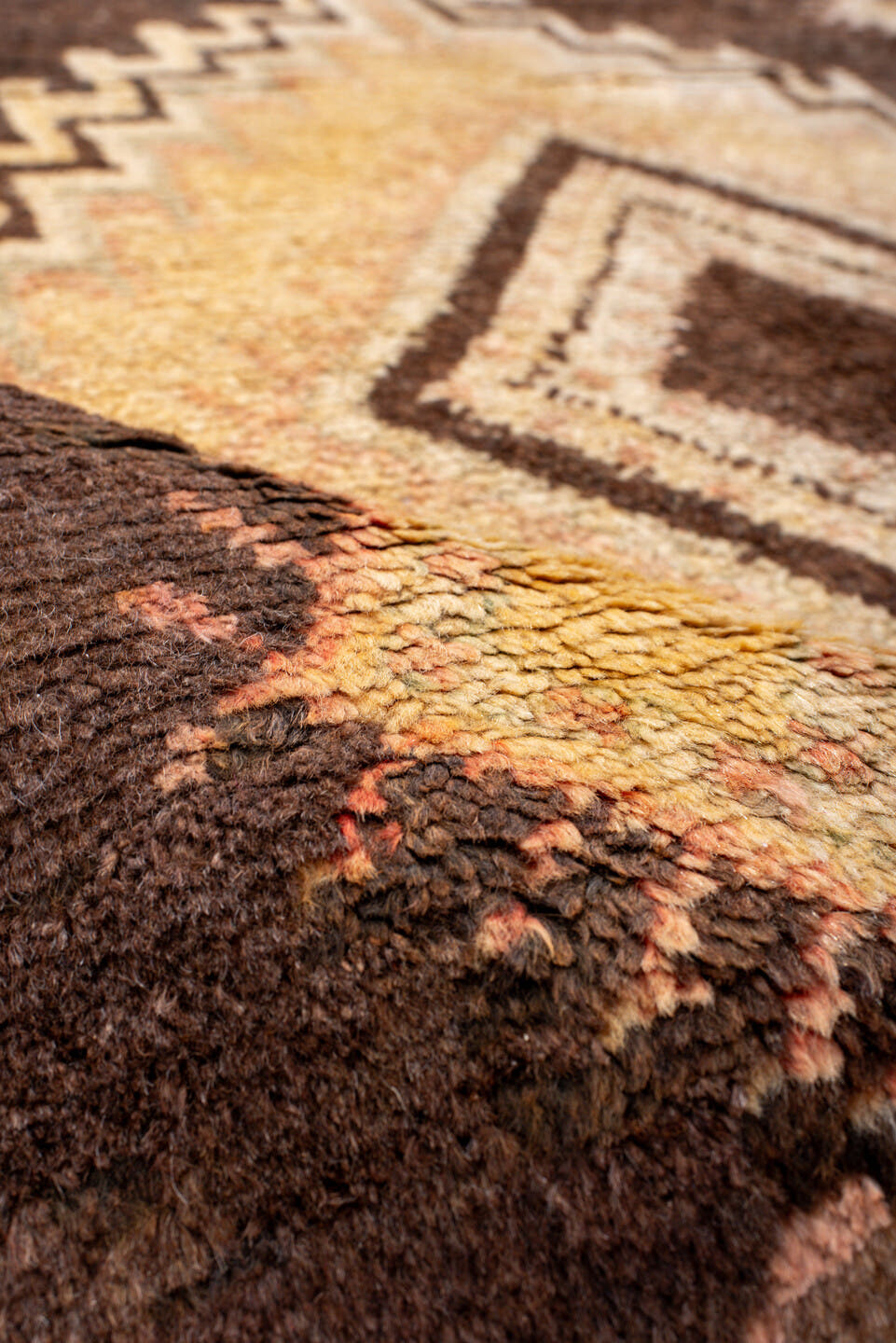 4' x 7' one-of-a-kind handmade vintage Moroccan rug. Color palette: brown, gold, camel, ivory, blush, charcoal, beige, pink