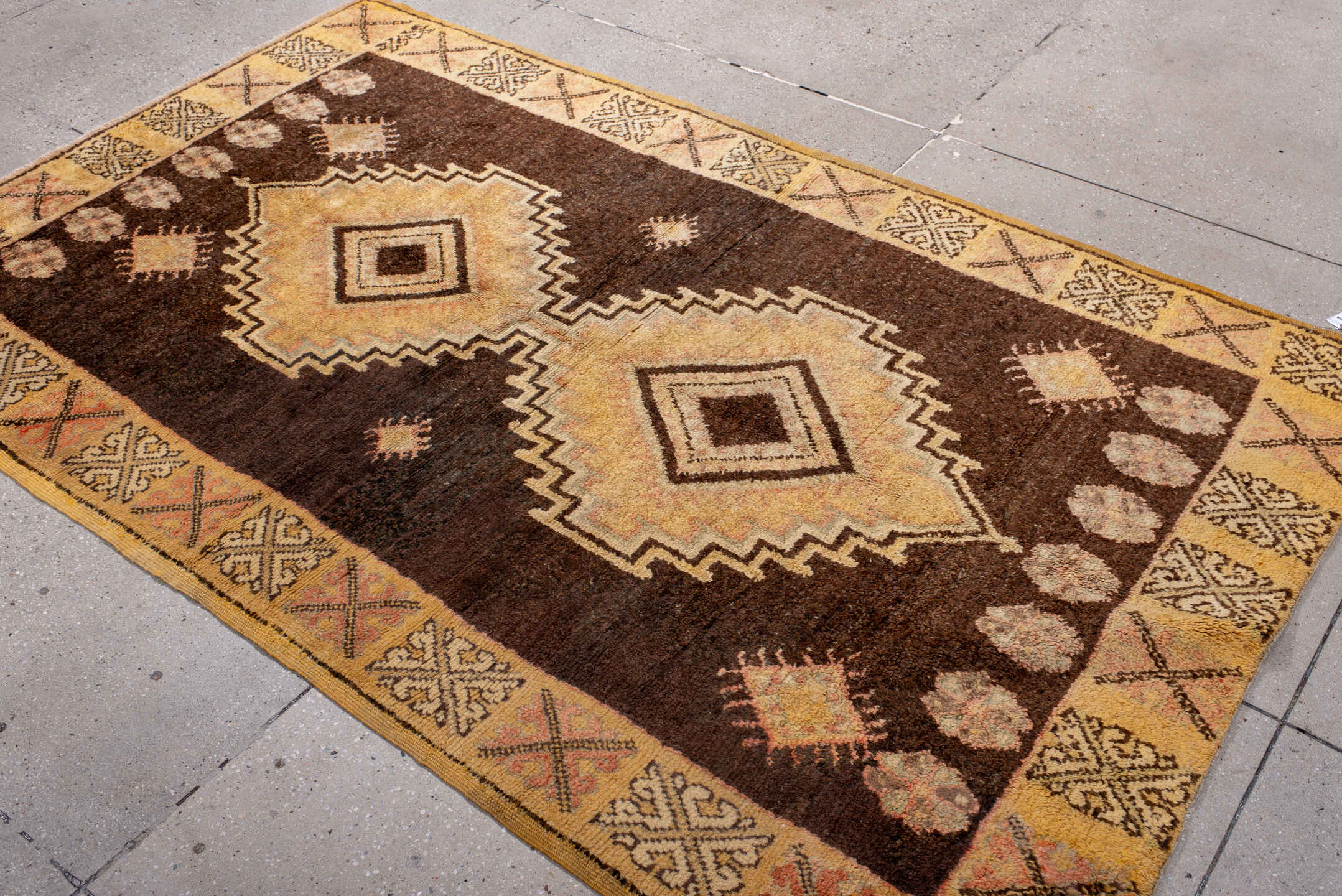 4' x 7' one-of-a-kind handmade vintage Moroccan rug. Color palette: brown, gold, camel, ivory, blush, charcoal, beige, pink