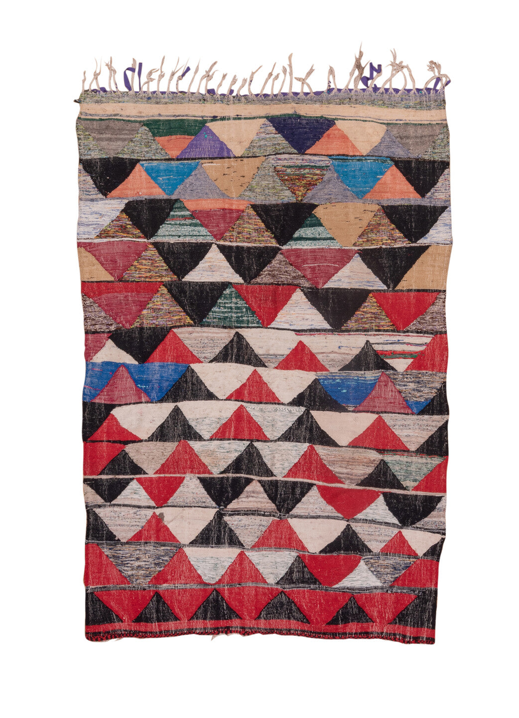 5' x 8' one-of-a-kind handmade vintage Rag Rug medium size rug. Color palette: black, blue, brown, charcoal, dim gray, gray