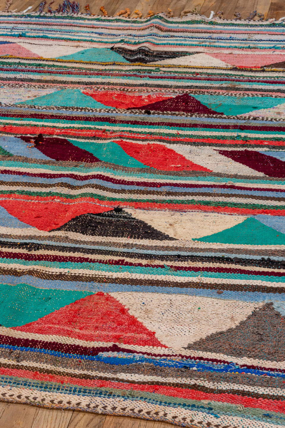4' x 5' one-of-a-kind handmade vintage Rag Rug small size rug. Color palette: ivory, turquoise, charcoal, coral, burgundy