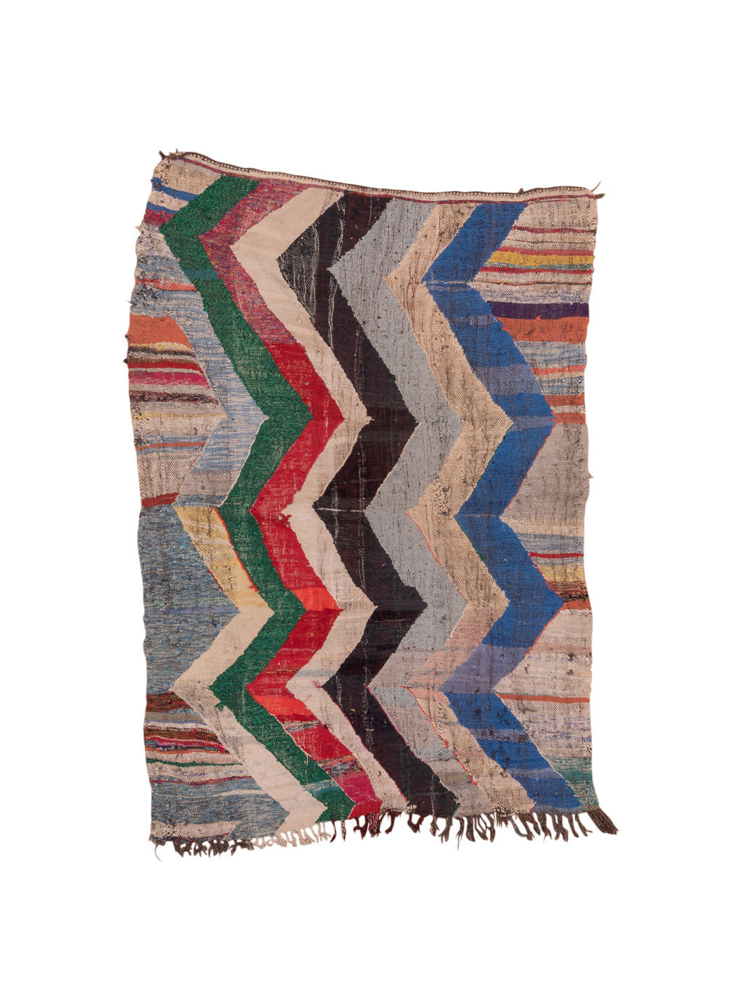 4' x 6' one-of-a-kind handmade vintage Rag Rug small size rug. Color palette: blue, brown, dim gray, gray, light gray