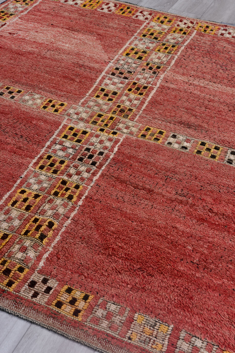 6' x 7' one-of-a-kind handmade vintage Moroccan rug. Color palette: black, brown, gray, light gray, pink, red