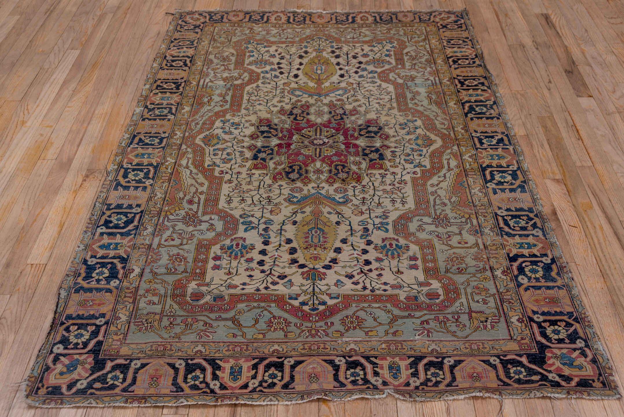 4' x 6' one-of-a-kind handmade antique Mohtasham Kashan small size rug. Color palette: ivory, navy, camel, burgundy, gold