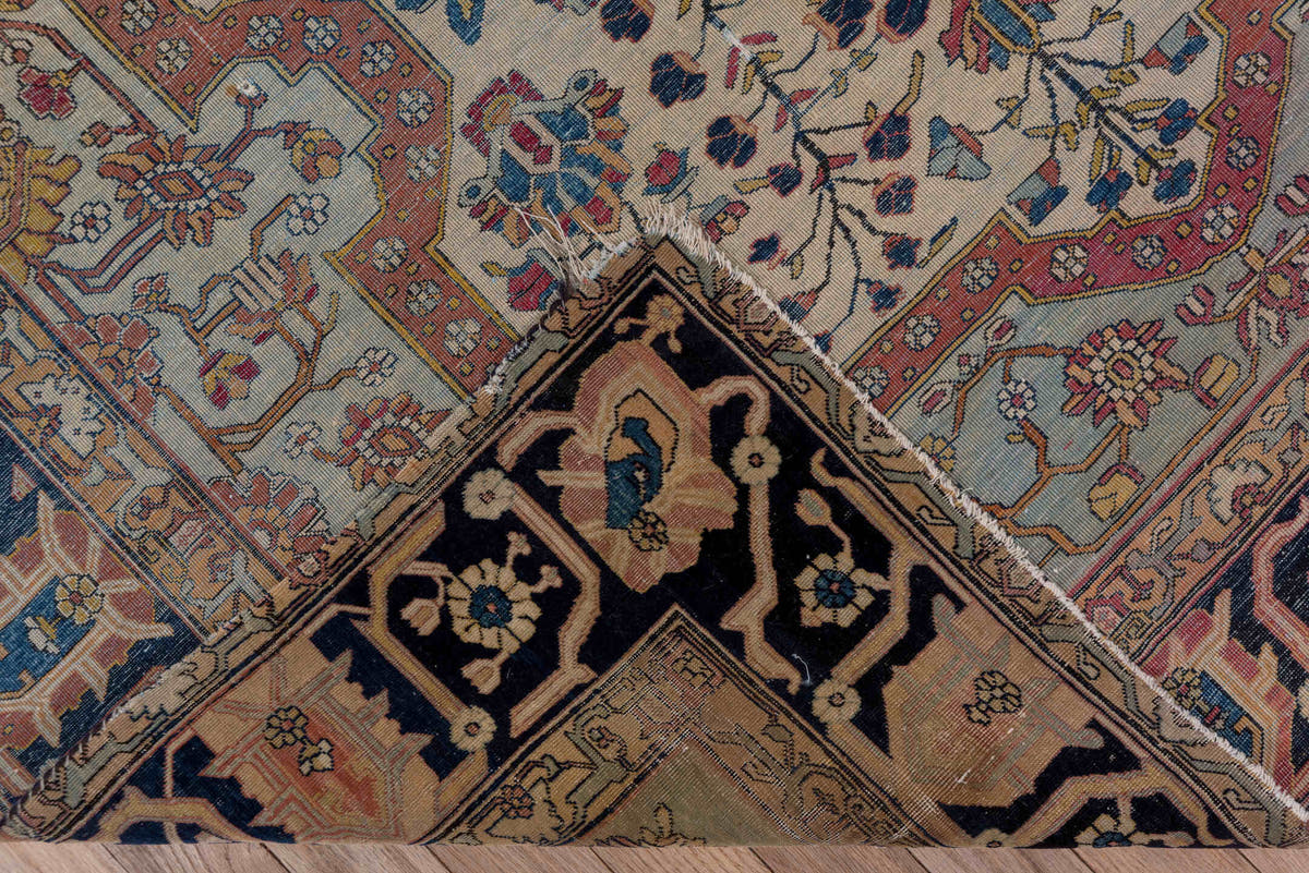 4' x 6' one-of-a-kind handmade antique Mohtasham Kashan small size rug. Color palette: ivory, navy, camel, burgundy, gold