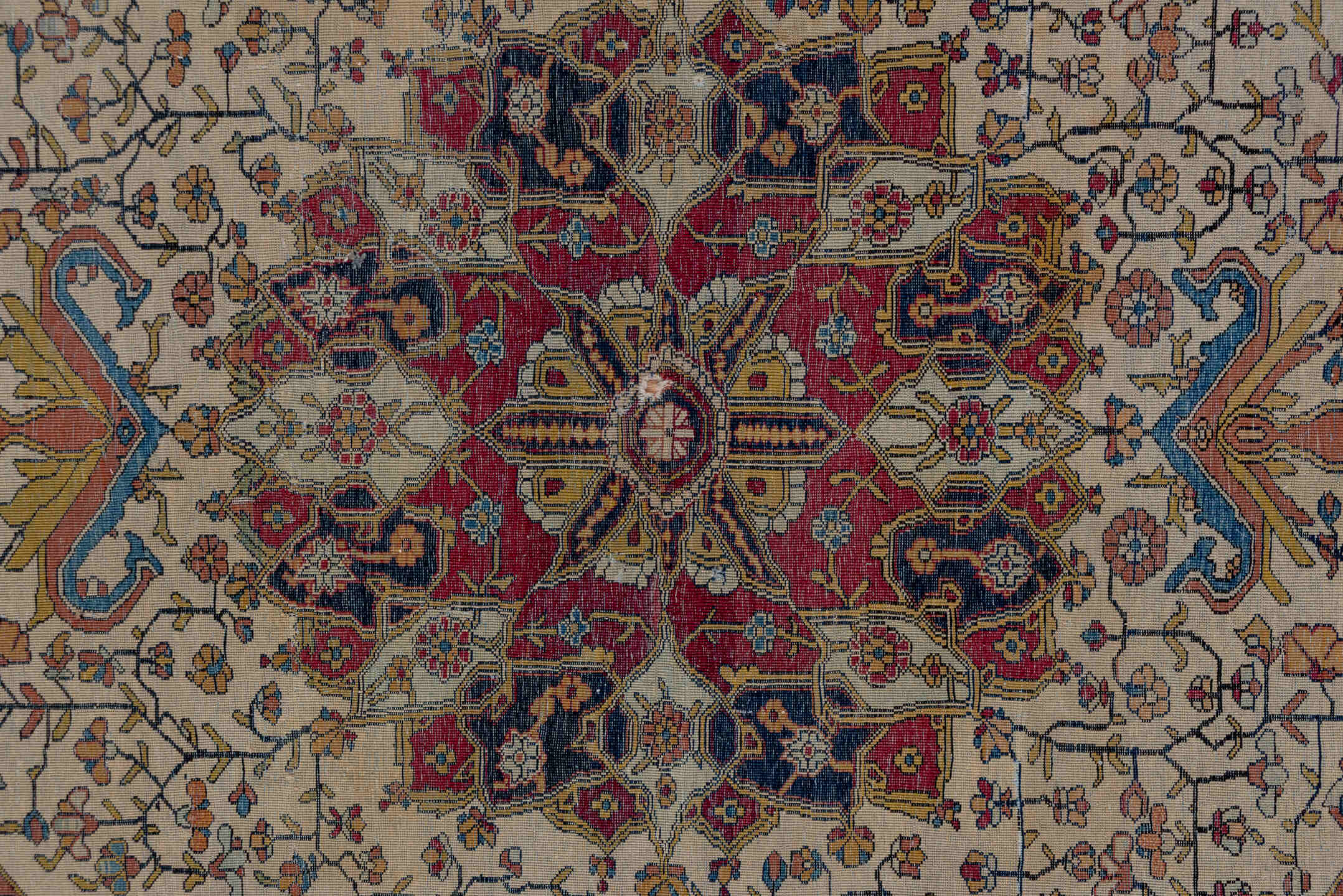 4' x 6' one-of-a-kind handmade antique Mohtasham Kashan small size rug. Color palette: ivory, navy, camel, burgundy, gold