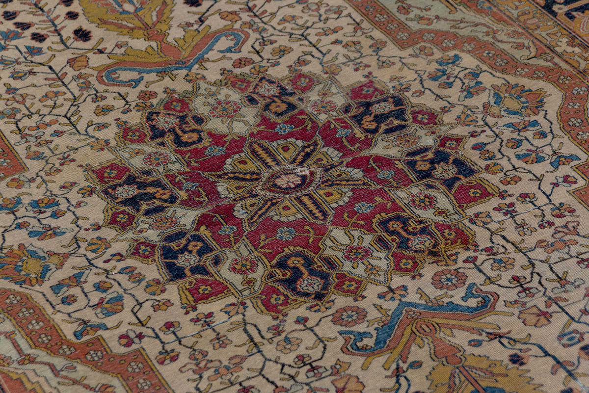 4' x 6' one-of-a-kind handmade antique Mohtasham Kashan small size rug. Color palette: ivory, navy, camel, burgundy, gold