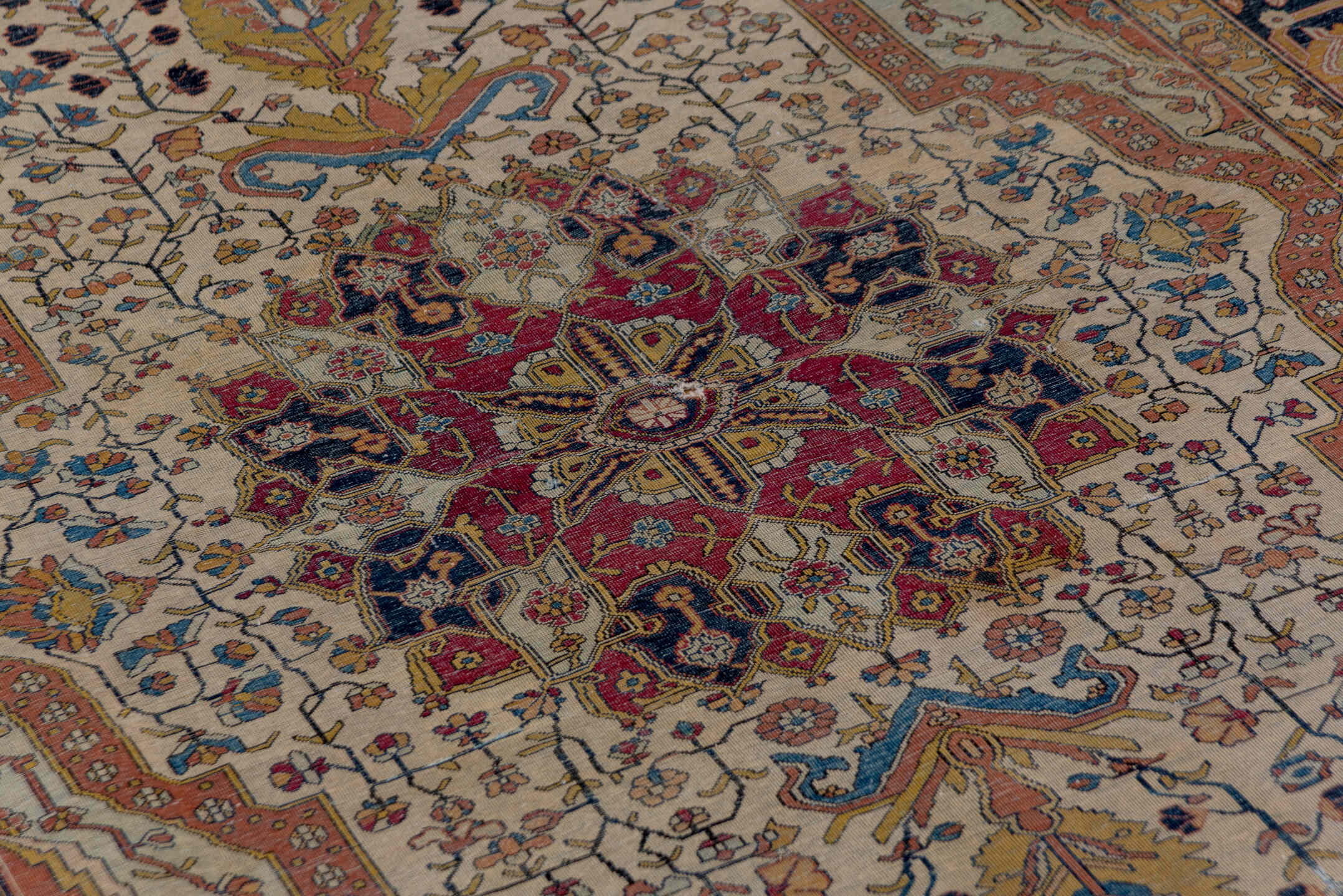 4' x 6' one-of-a-kind handmade antique Mohtasham Kashan small size rug. Color palette: ivory, navy, camel, burgundy, gold