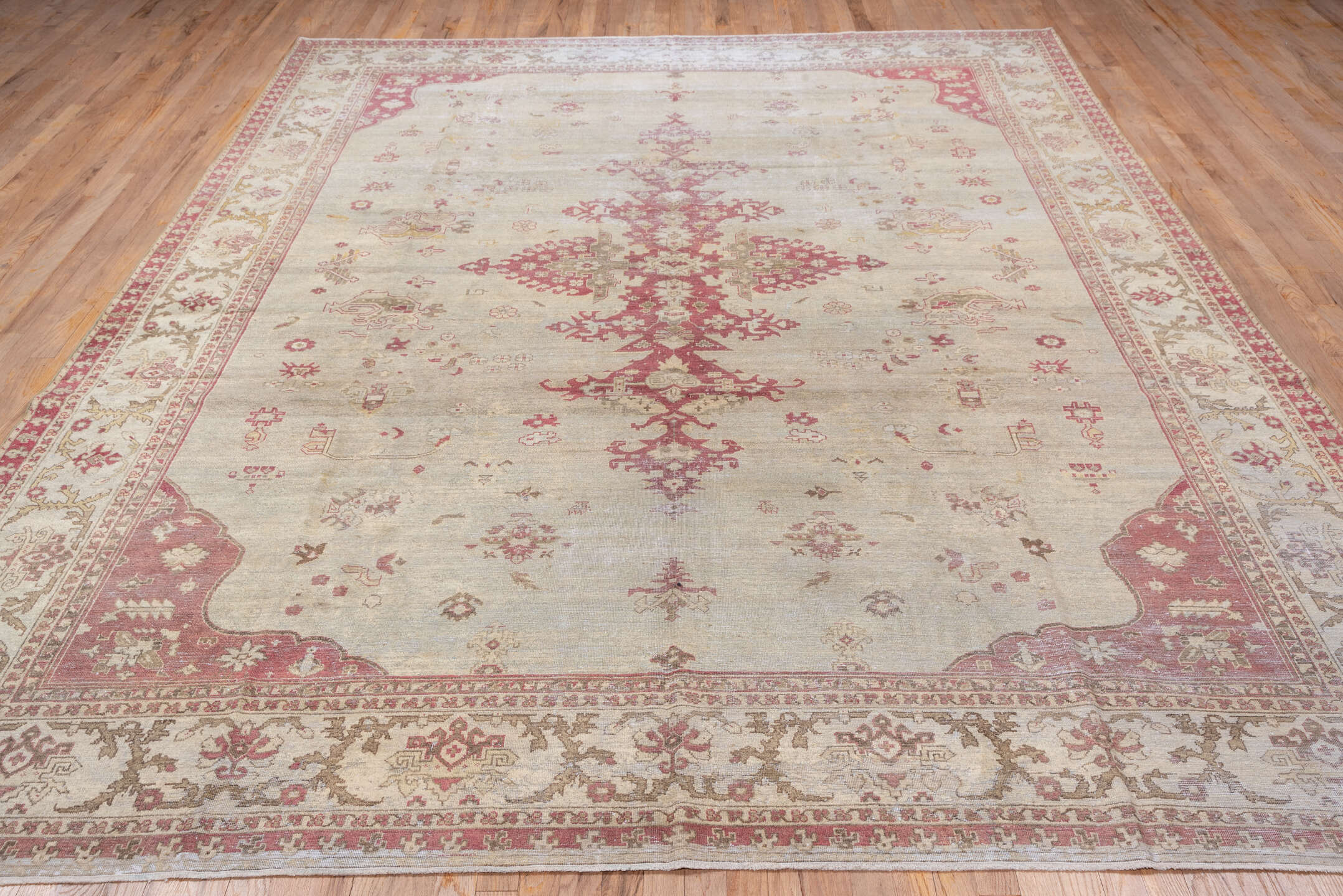 9' x 11' one-of-a-kind handmade antique Amritzar large size rug. Color palette: ivory, rose, taupe, dusty pink, beige, sage