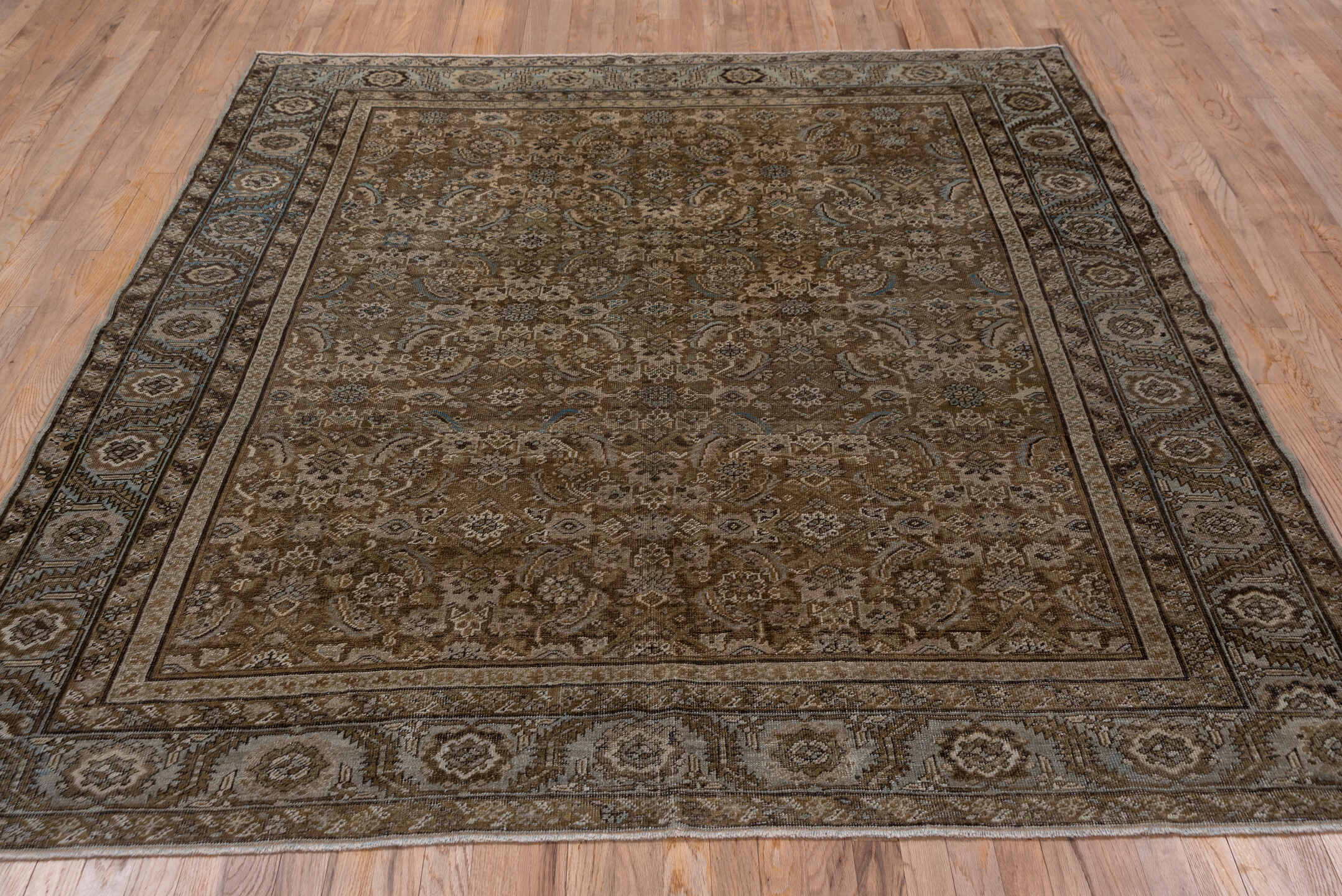 6' x 7' one-of-a-kind handmade antique Karabagh rug. Color palette: taupe, brown, ivory, slate, camel, charcoal, pale blue