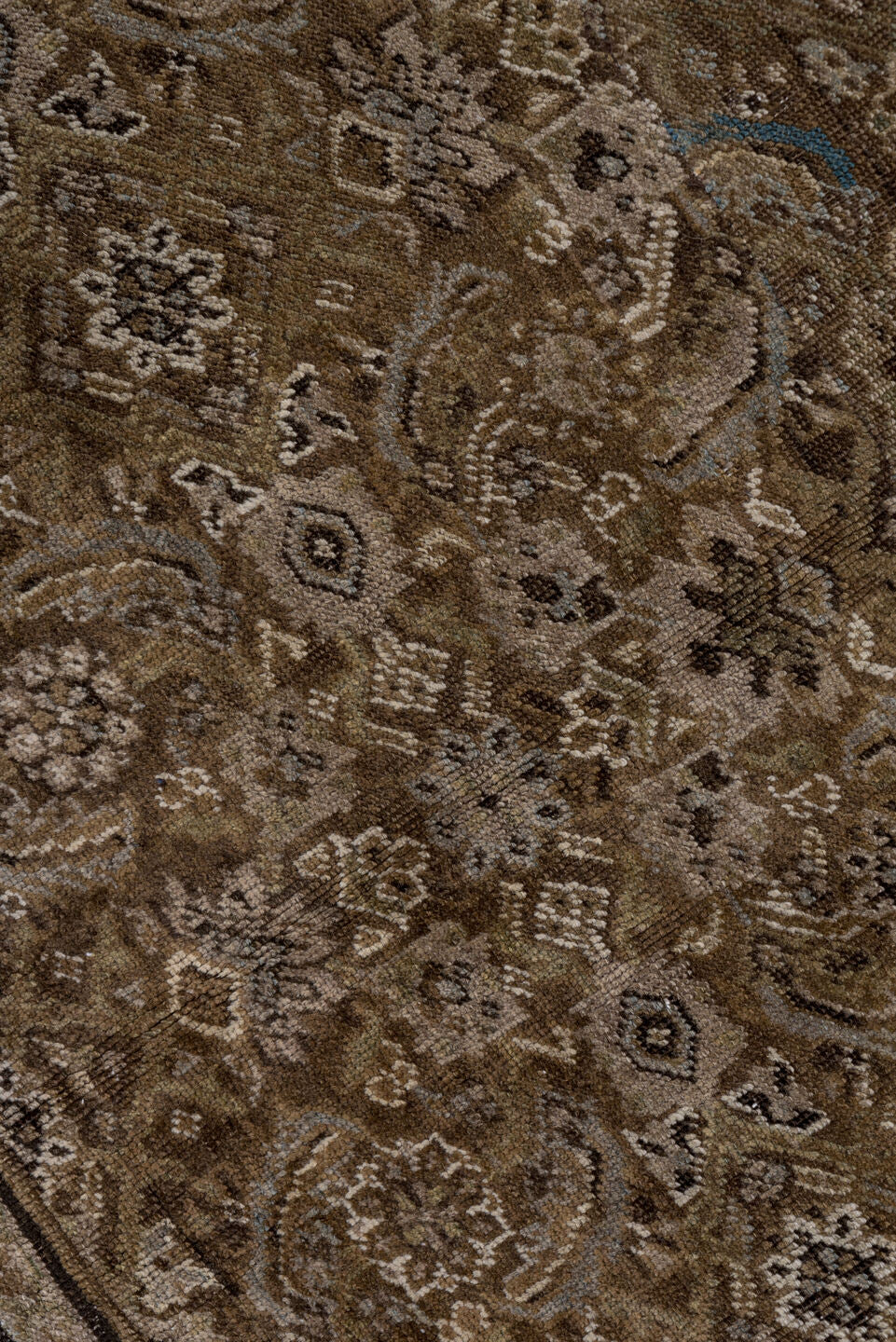 6' x 7' one-of-a-kind handmade antique Karabagh rug. Color palette: taupe, brown, ivory, slate, camel, charcoal, pale blue