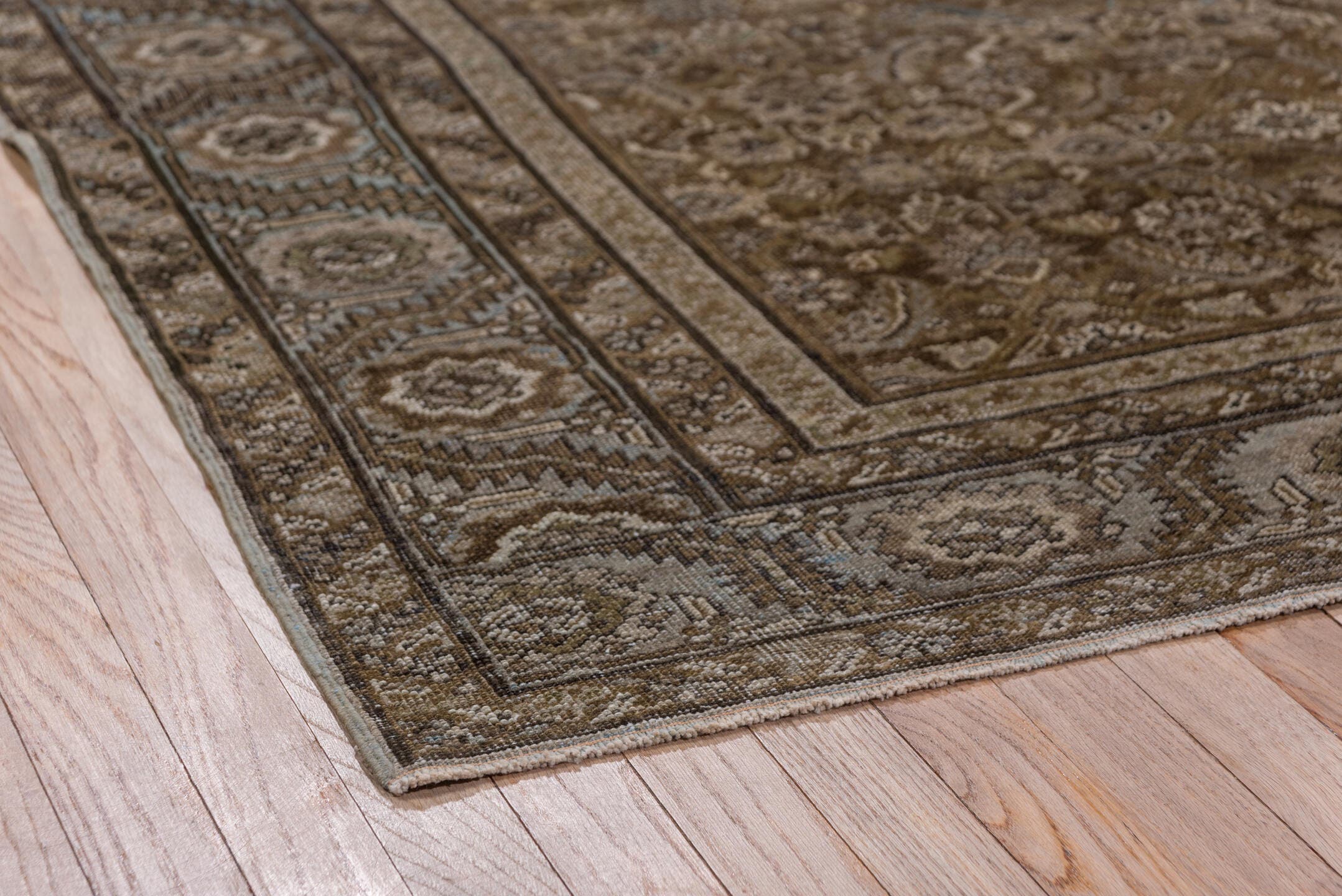 6' x 7' one-of-a-kind handmade antique Karabagh rug. Color palette: taupe, brown, ivory, slate, camel, charcoal, pale blue
