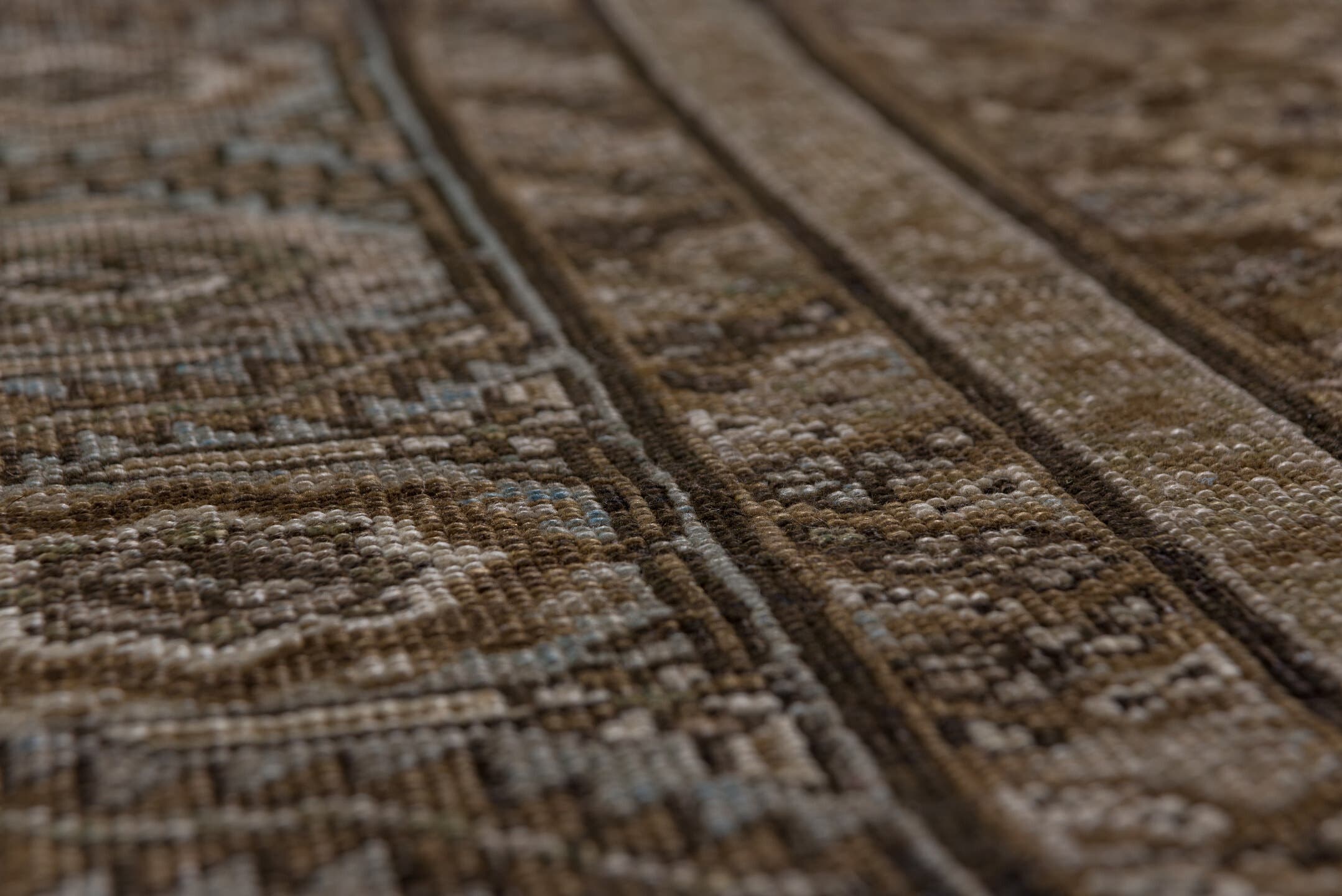 6' x 7' one-of-a-kind handmade antique Karabagh rug. Color palette: taupe, brown, ivory, slate, camel, charcoal, pale blue