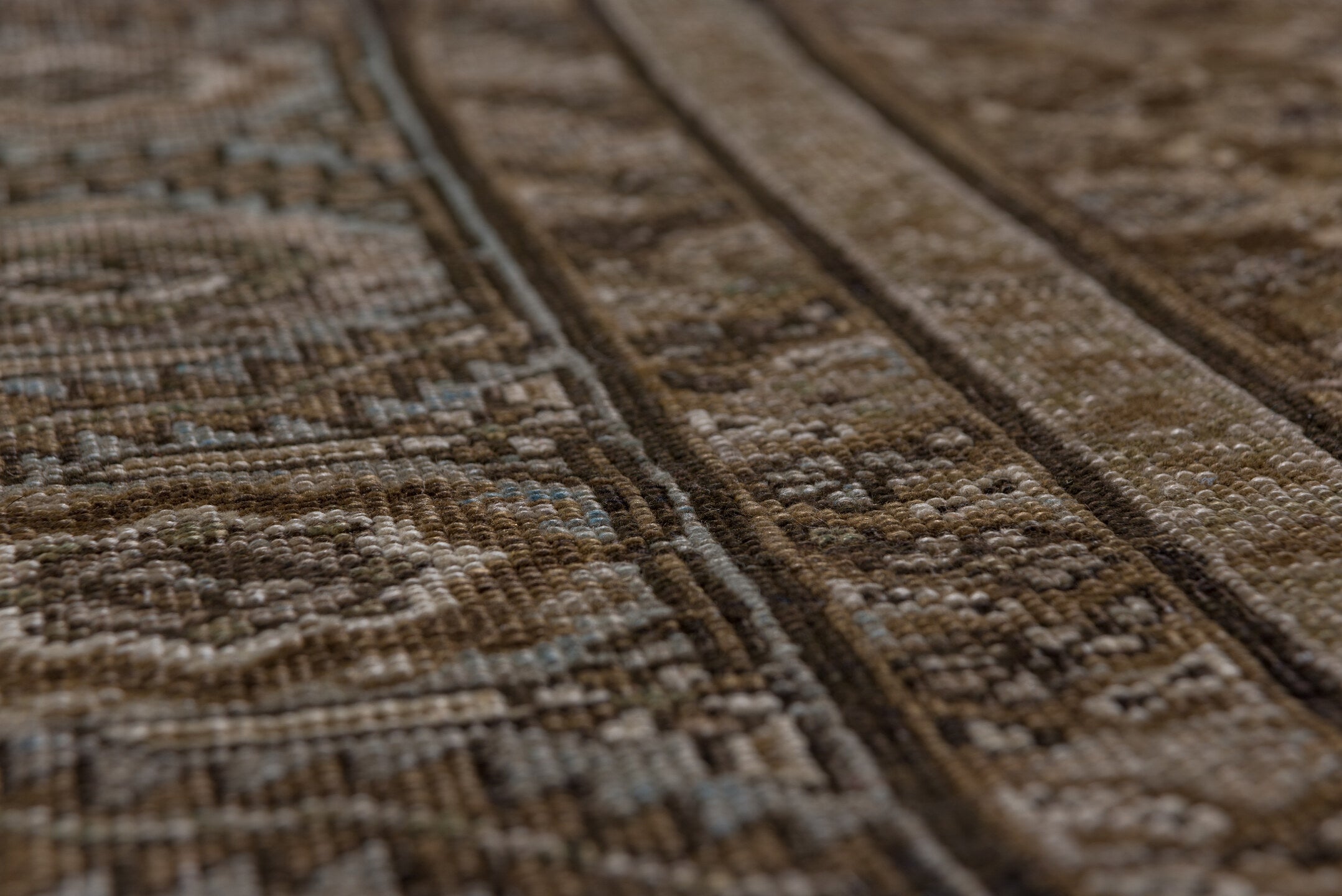 6' x 7' one-of-a-kind handmade antique Karabagh rug. Color palette: taupe, brown, ivory, slate, camel, charcoal, pale blue