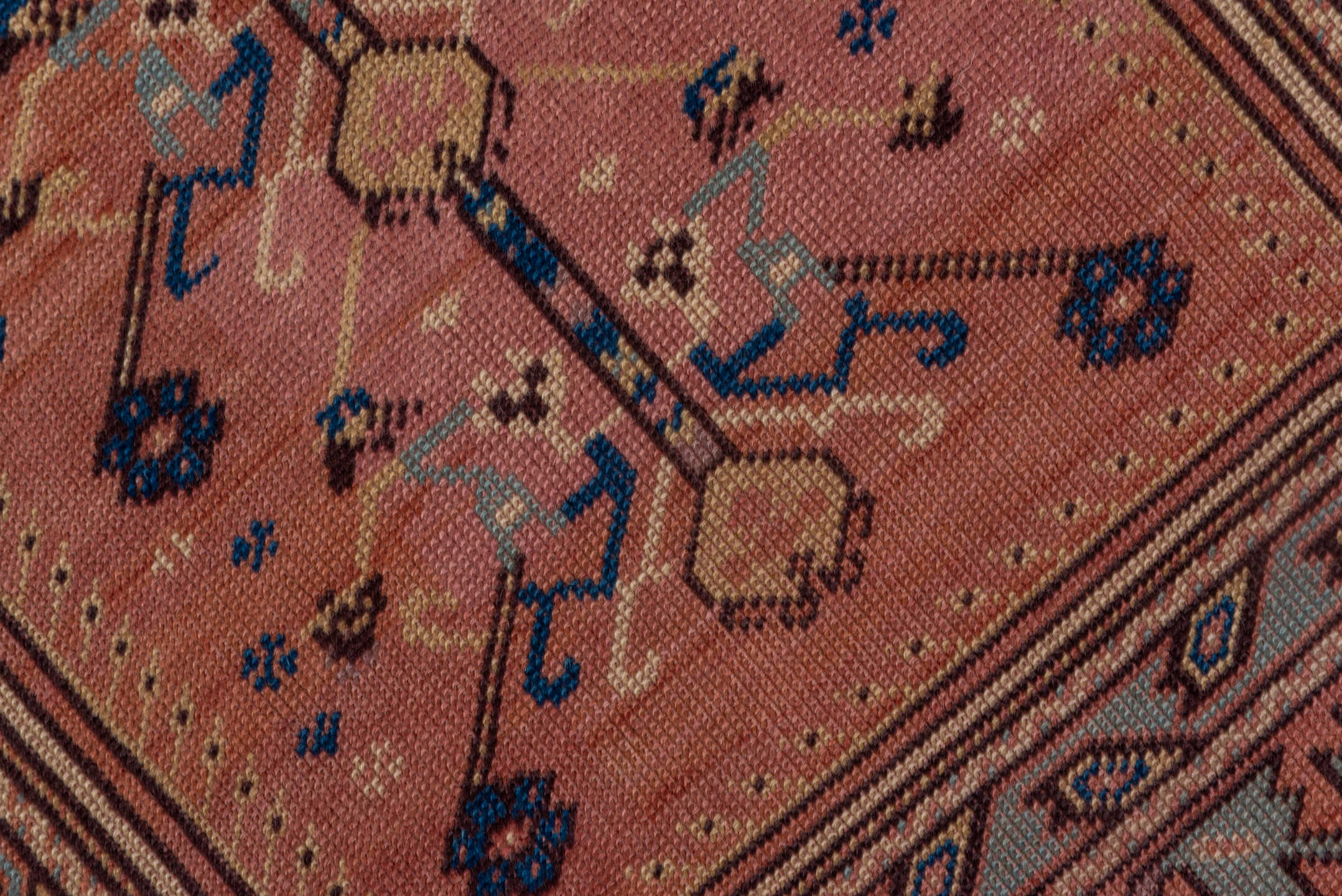 3' x 4' one-of-a-kind handmade vintage Anatol small size rug. Color palette: blue, brown, gray, light gray, off-white, pink