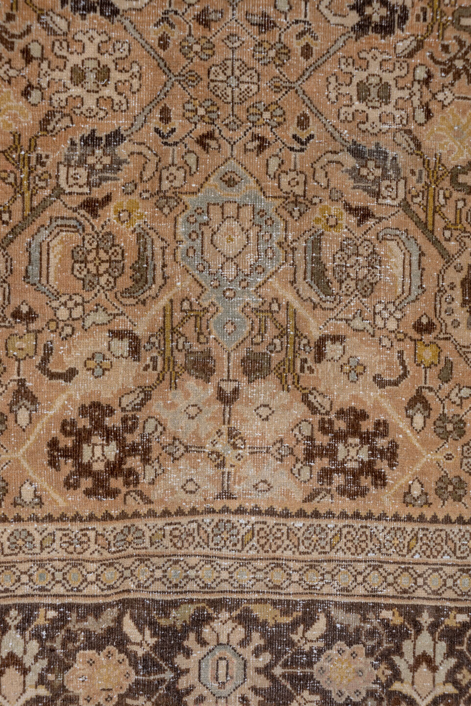 9' x 12' one-of-a-kind handmade antique Mahal large size rug. Color palette: camel, brown, ivory, taupe, beige, charcoal
