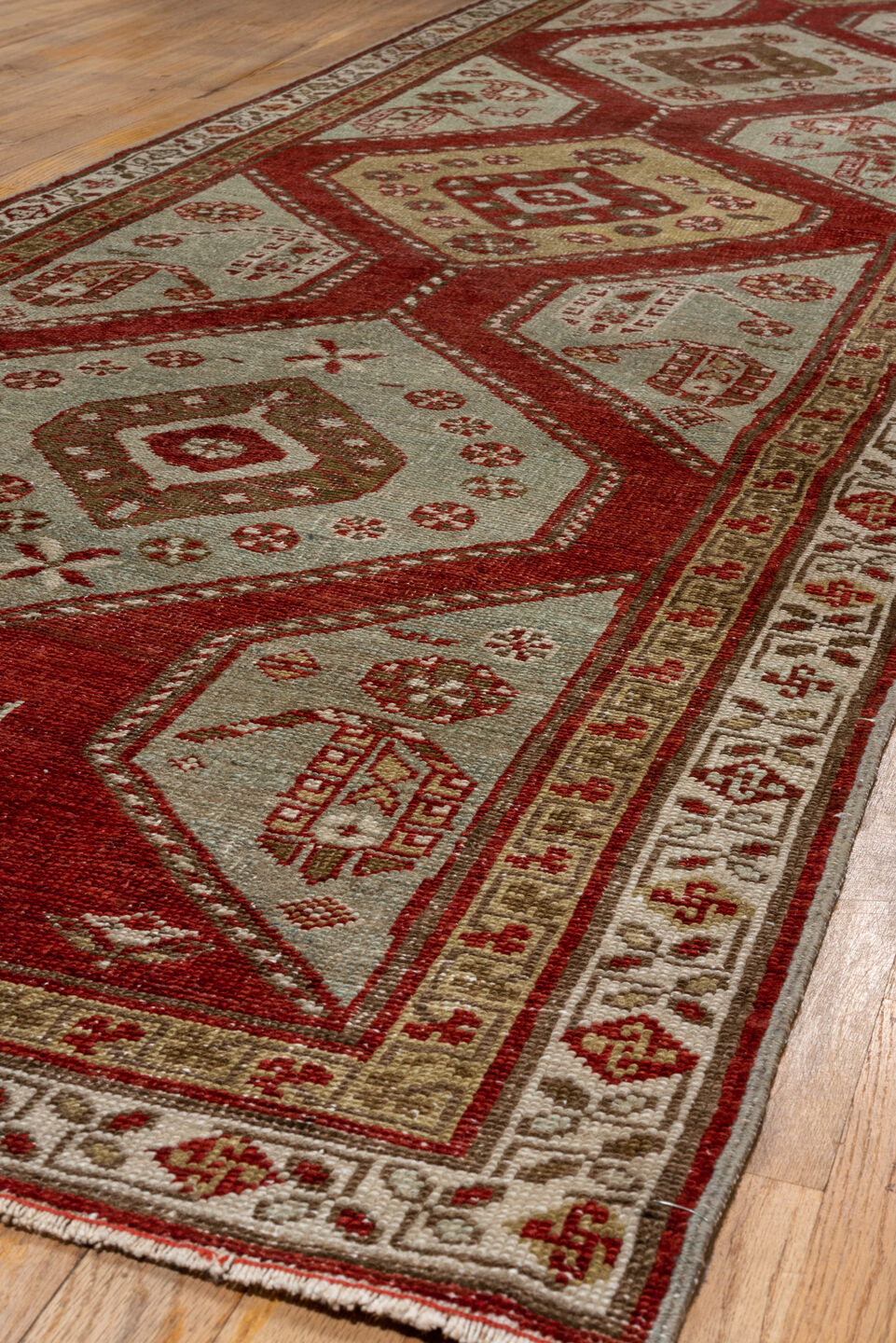 3' x 15' one-of-a-kind handmade antique Oushak runner rug. Color palette: crimson, ivory, taupe, camel, rose, red, beige