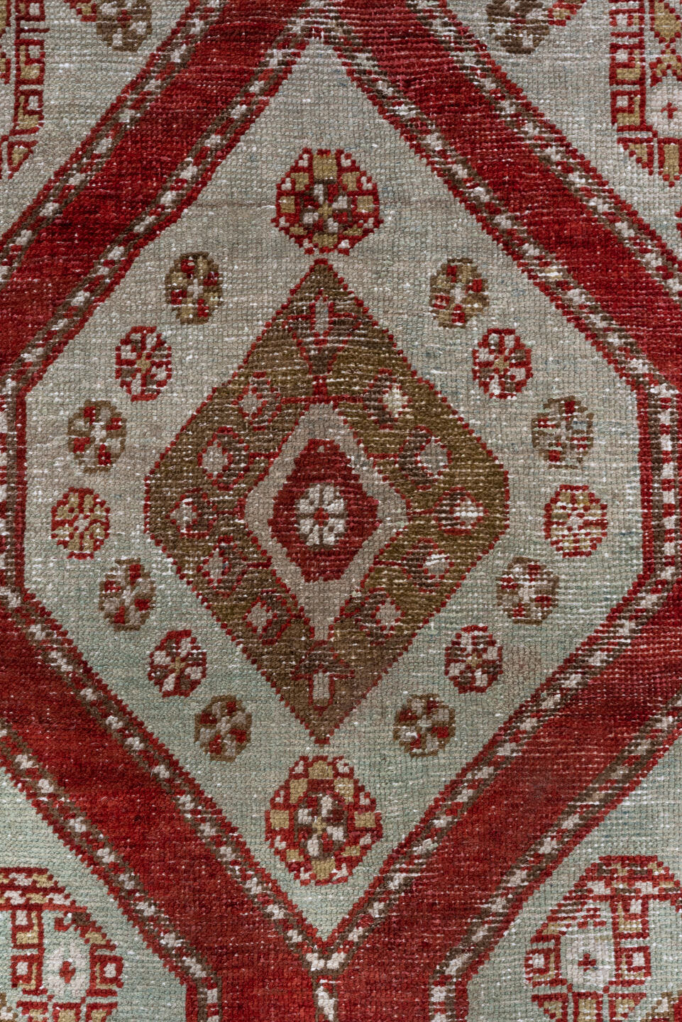 3' x 15' one-of-a-kind handmade antique Oushak runner rug. Color palette: crimson, ivory, taupe, camel, rose, red, beige