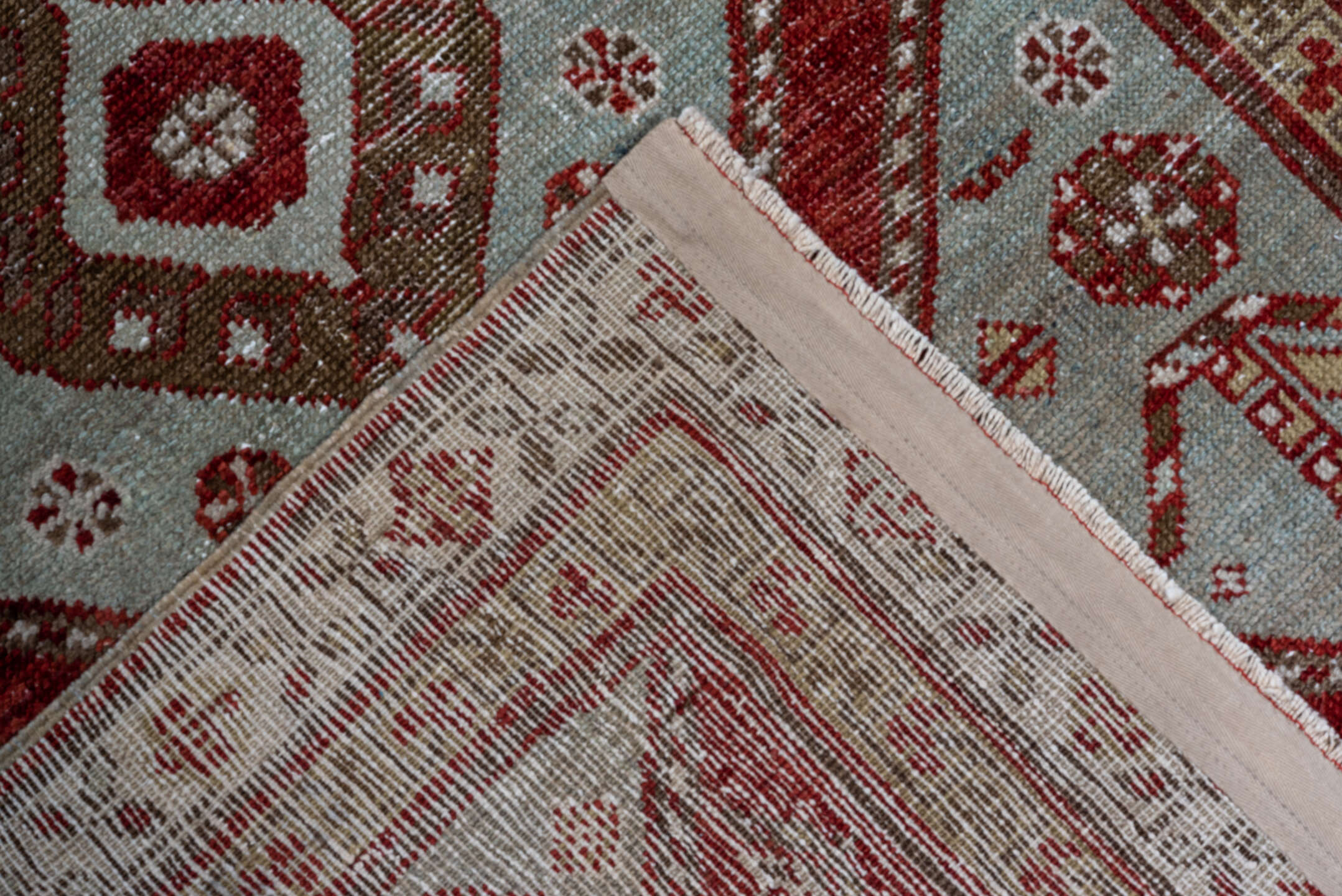 3' x 15' one-of-a-kind handmade antique Oushak runner rug. Color palette: crimson, ivory, taupe, camel, rose, red, beige