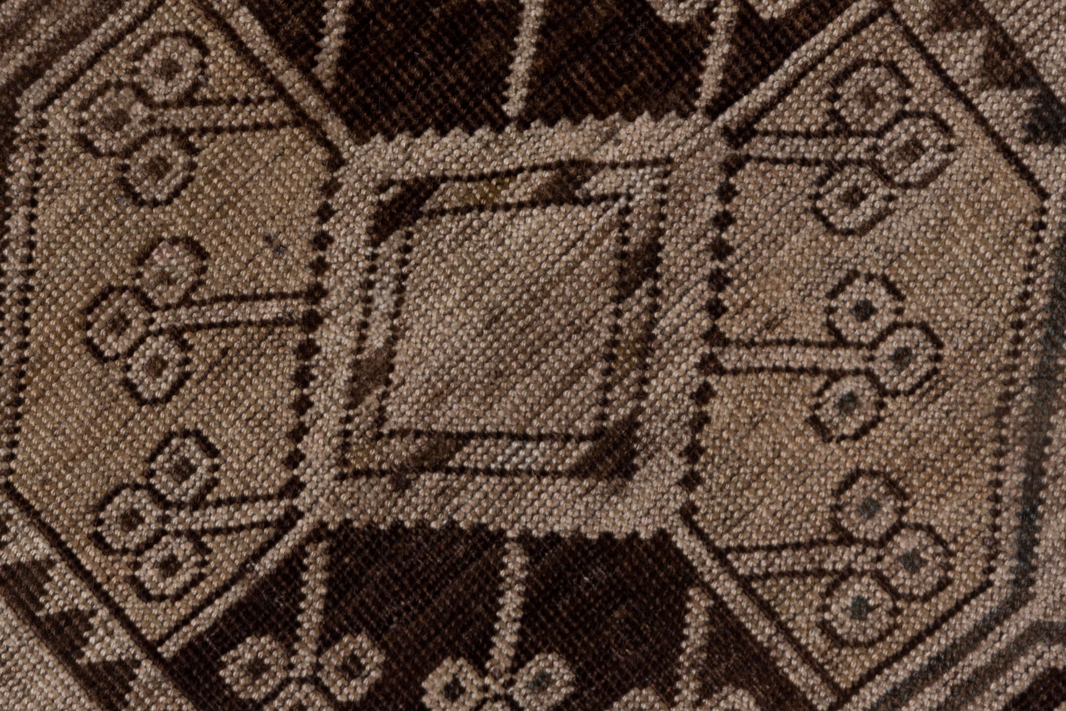 7' x 15' one-of-a-kind handmade vintage Afghan rug. Color palette: black, brown, gray, light gray, pink