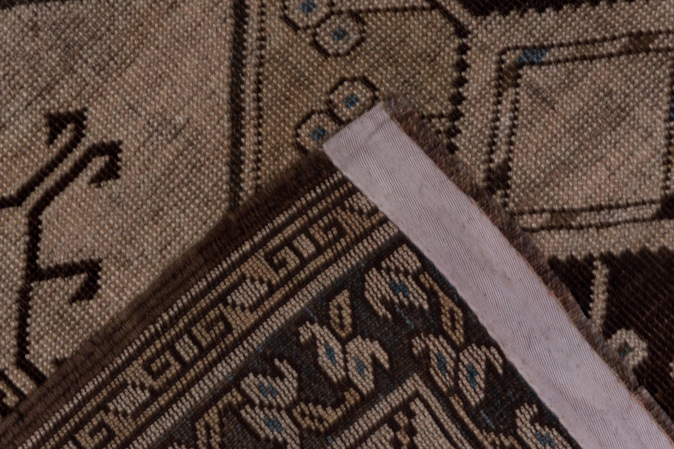 7' x 15' one-of-a-kind handmade antique Afghan rug. Color palette: taupe, brown, camel, ivory, charcoal, beige, gray, black