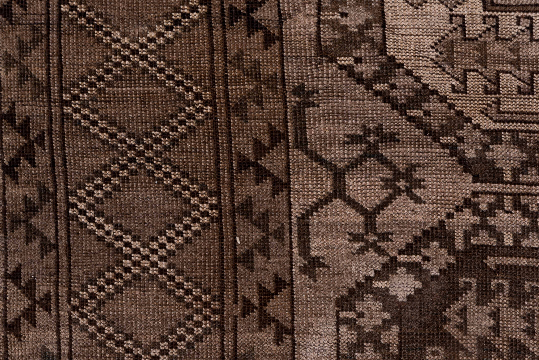 6' x 9' one-of-a-kind handmade vintage Afghan medium size rug. Color palette: brown, gray, light gray, off-white, pink