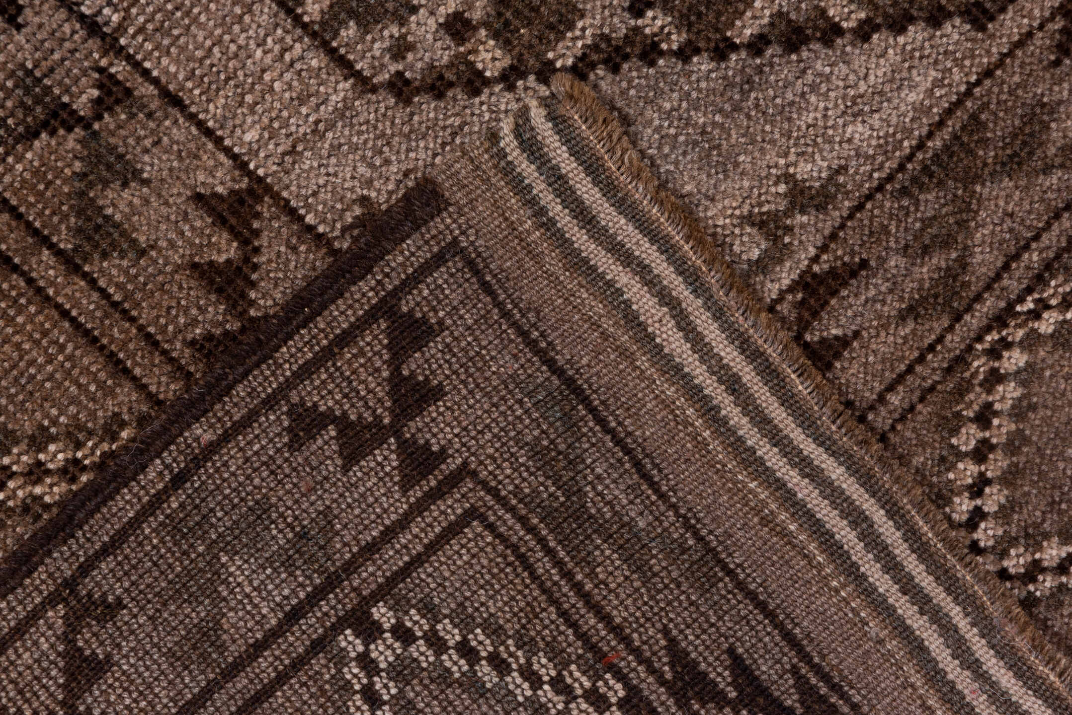 6' x 9' one-of-a-kind handmade vintage Afghan medium size rug. Color palette: brown, gray, light gray, off-white, pink