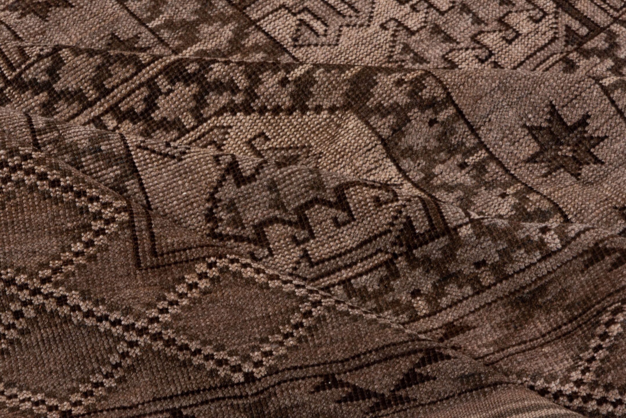 6' x 9' one-of-a-kind handmade vintage Afghan medium size rug. Color palette: brown, gray, light gray, off-white, pink