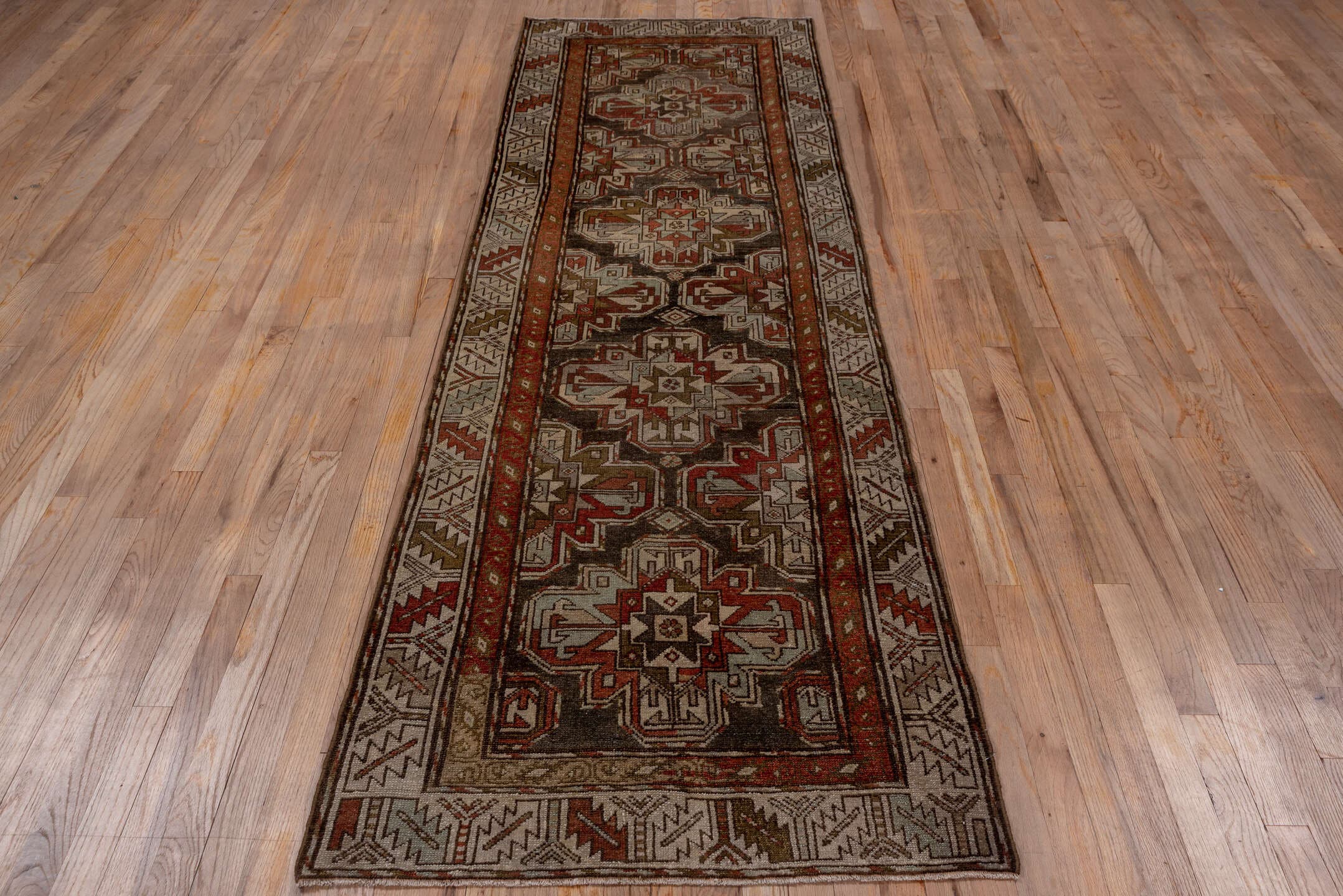 3' x 9' one-of-a-kind handmade antique Malayer runner rug. Color palette: brown, rust, ivory, taupe, terracotta, charcoal