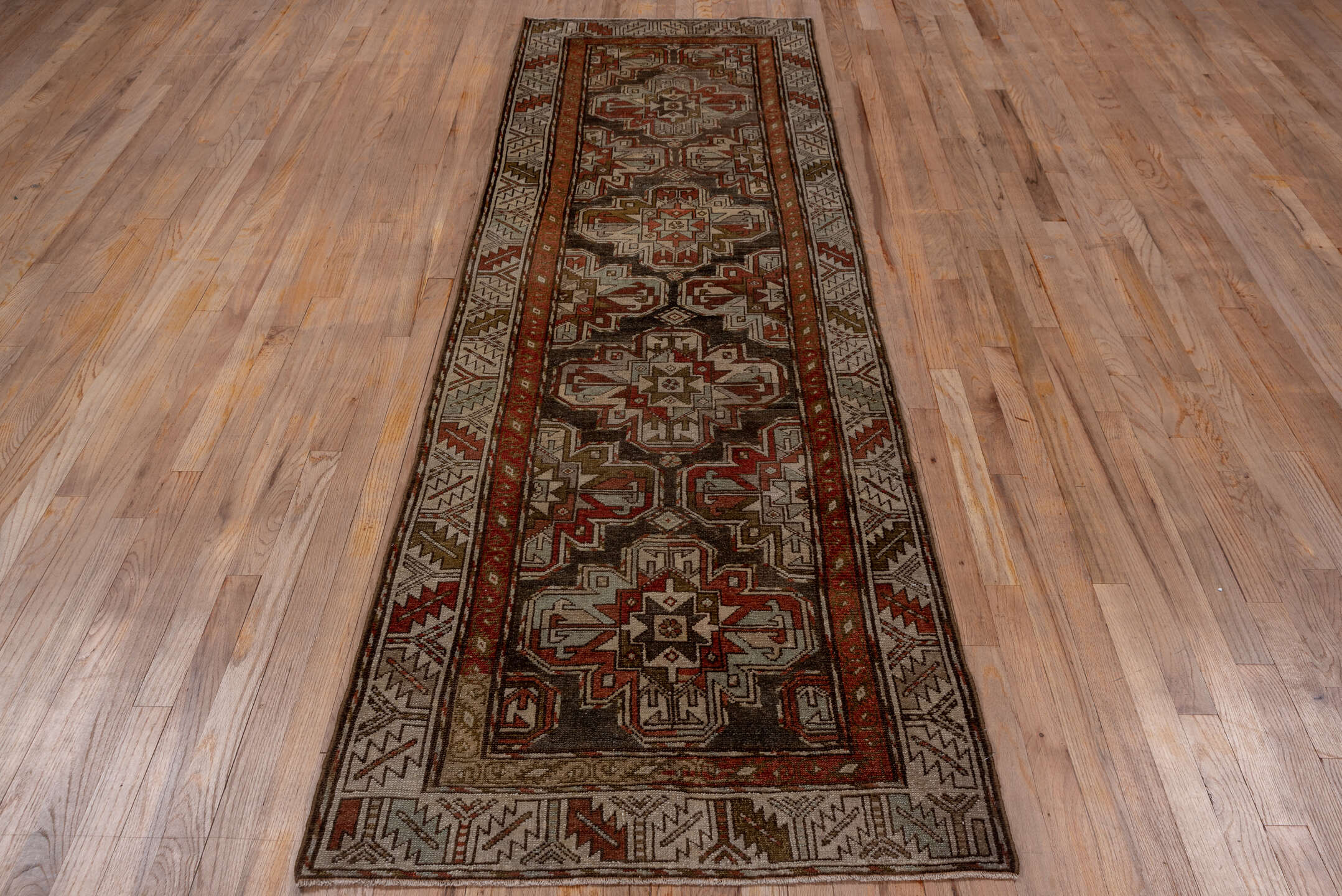 3' x 9' one-of-a-kind handmade vintage Malayer runner rug. Color palette: brown, gray, off-white, red, snow, white