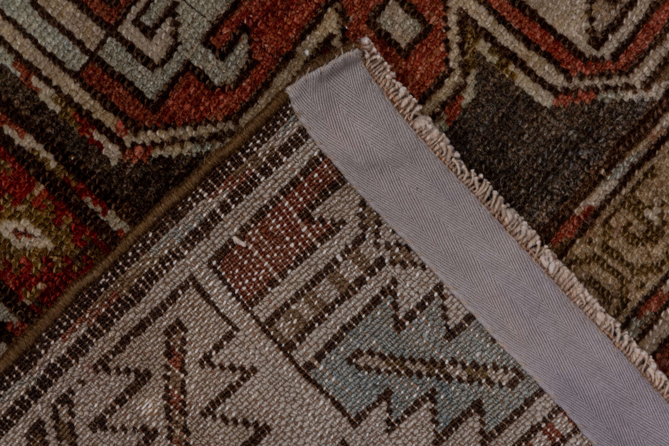 3' x 9' one-of-a-kind handmade vintage Malayer runner rug. Color palette: brown, gray, off-white, red, snow, white