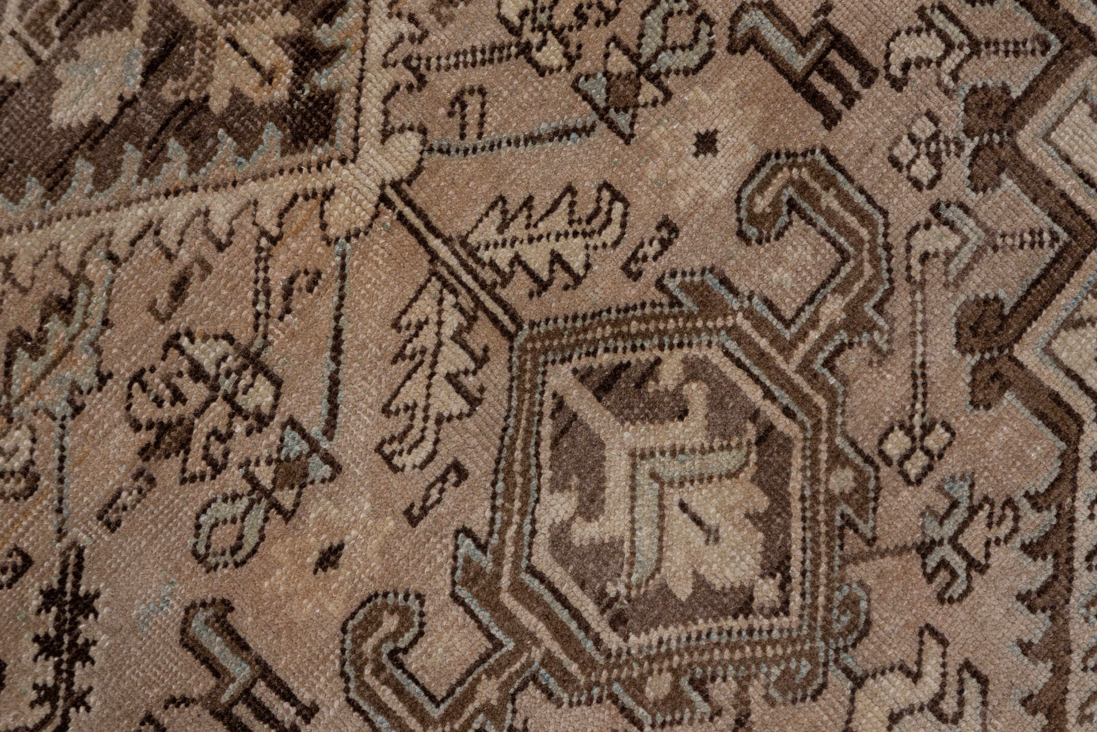 8' x 10' one-of-a-kind handmade antique Heriz large size rug. Color palette: taupe, brown, ivory, pale blue, camel, charcoal