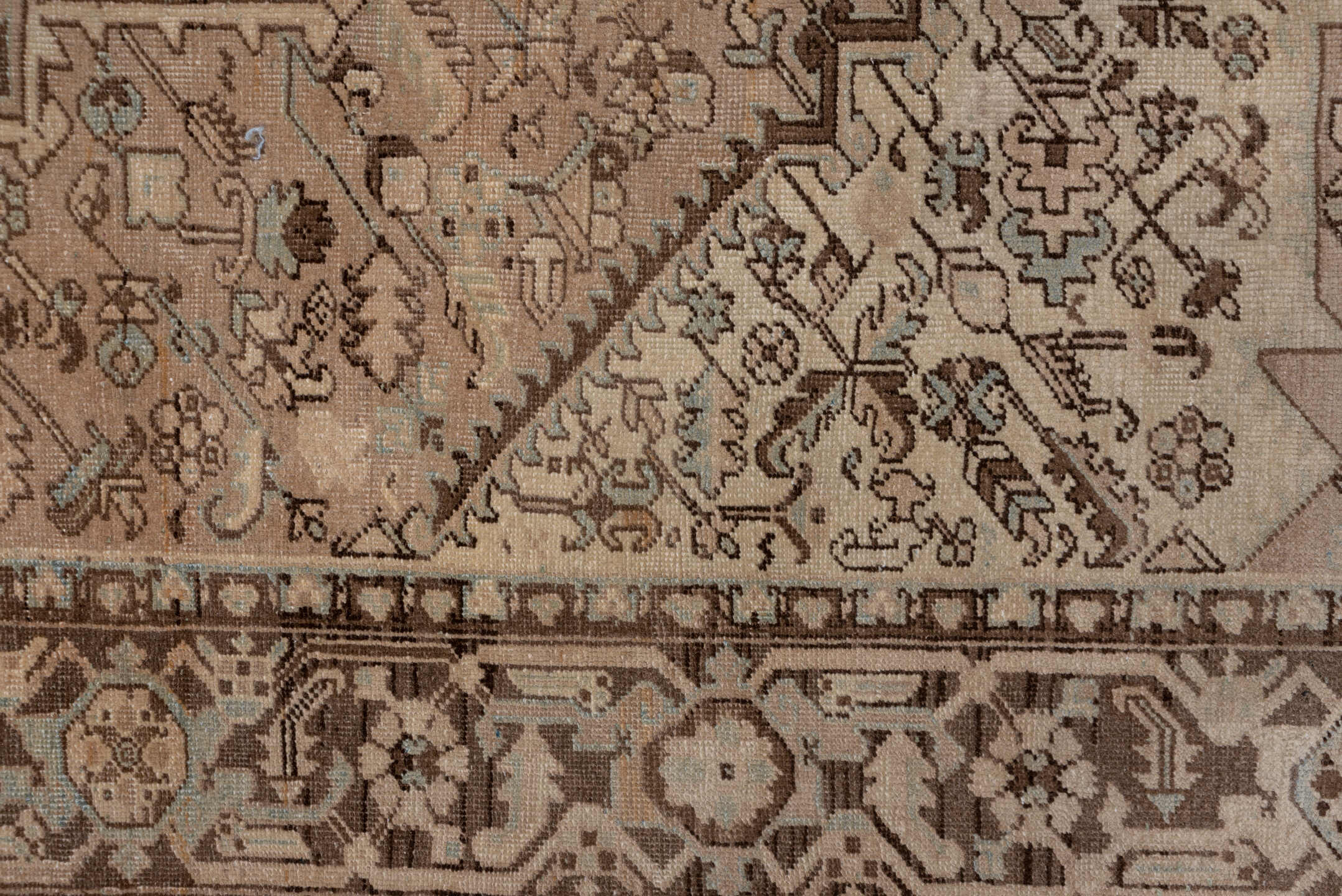 8' x 10' one-of-a-kind handmade antique Heriz large size rug. Color palette: taupe, brown, ivory, pale blue, camel, charcoal