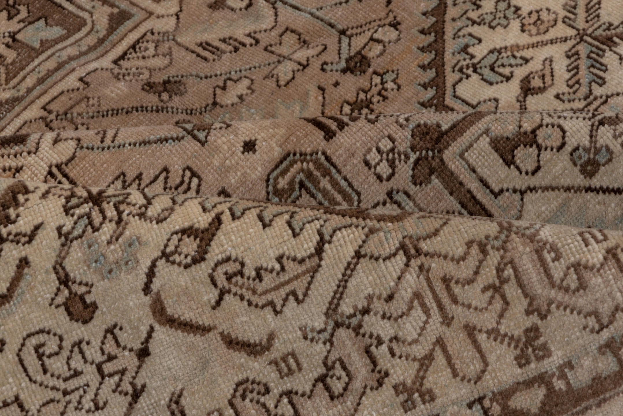 8' x 10' one-of-a-kind handmade antique Heriz large size rug. Color palette: taupe, brown, ivory, pale blue, camel, charcoal
