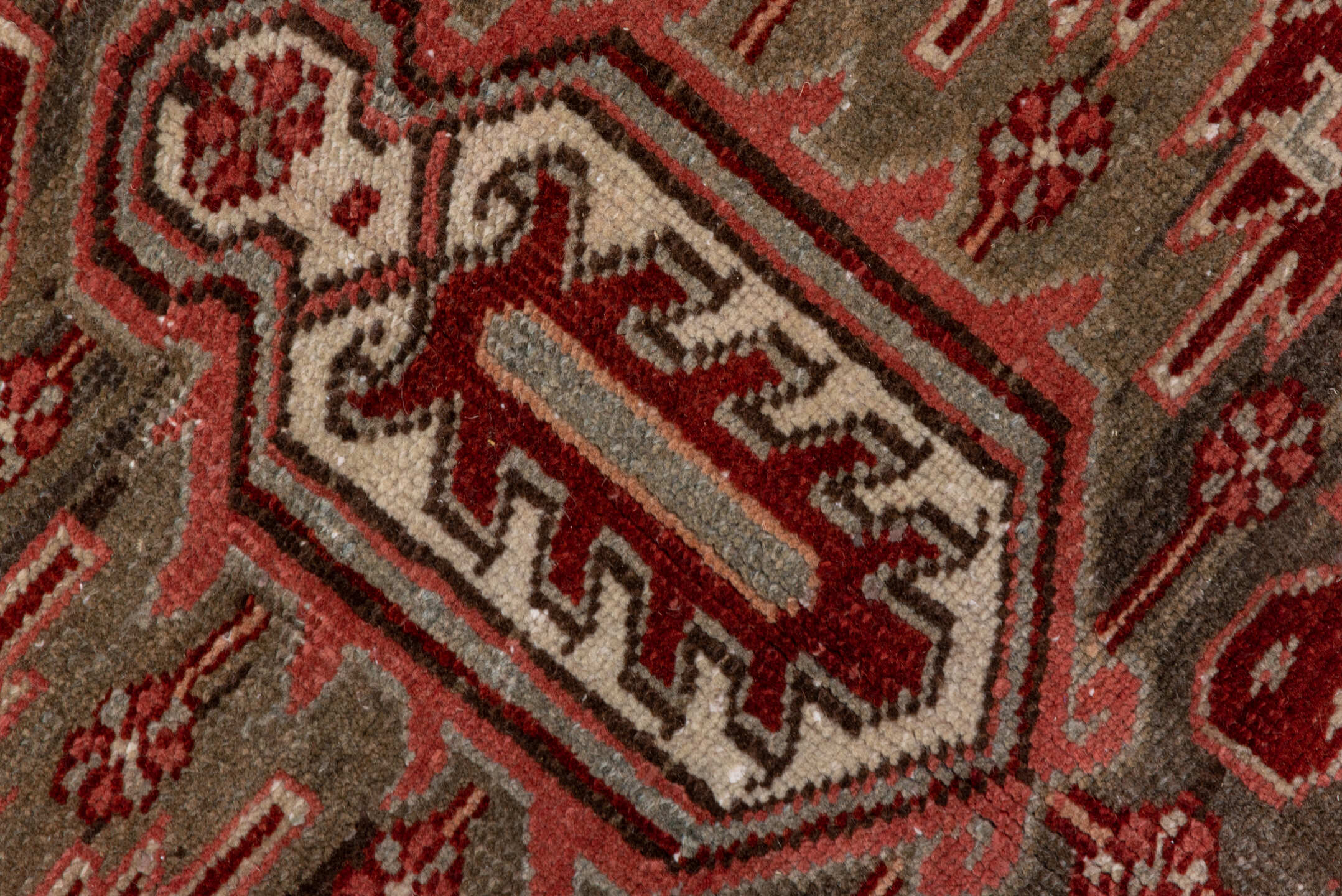 8' x 12' one-of-a-kind handmade vintage Heriz large size rug. Color palette: brown, gray, light gray, pink, red