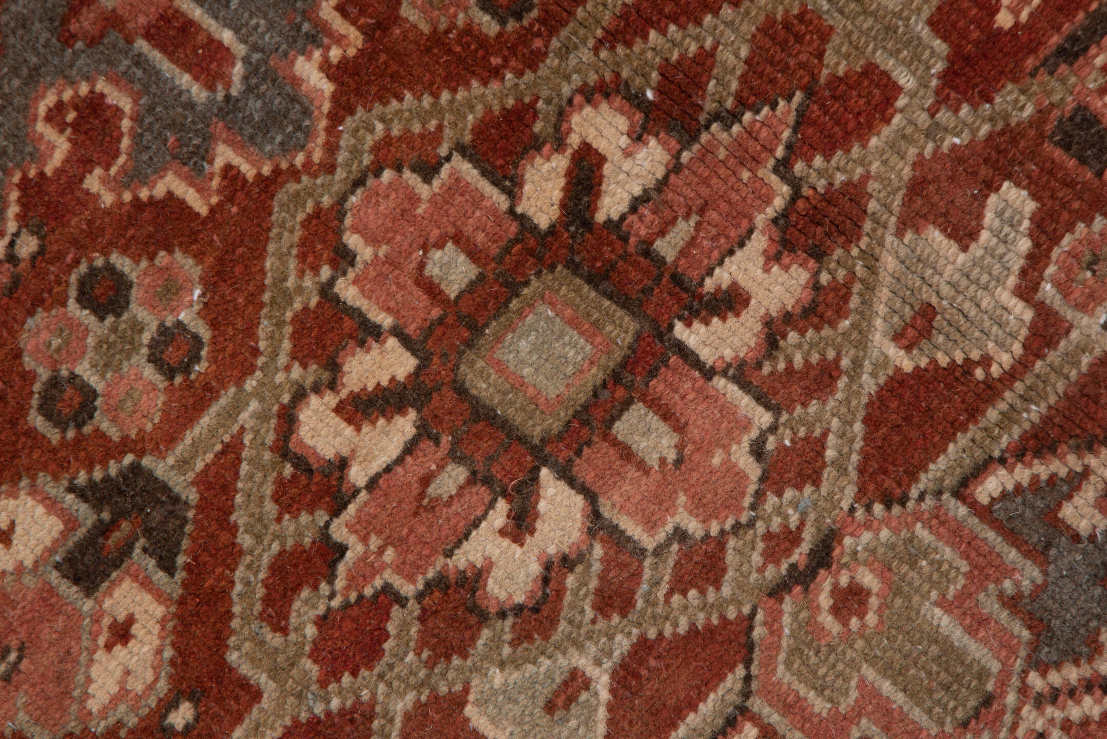 9' x 12' one-of-a-kind handmade vintage Heriz large size rug. Color palette: brown, gray, orange, pink, tan