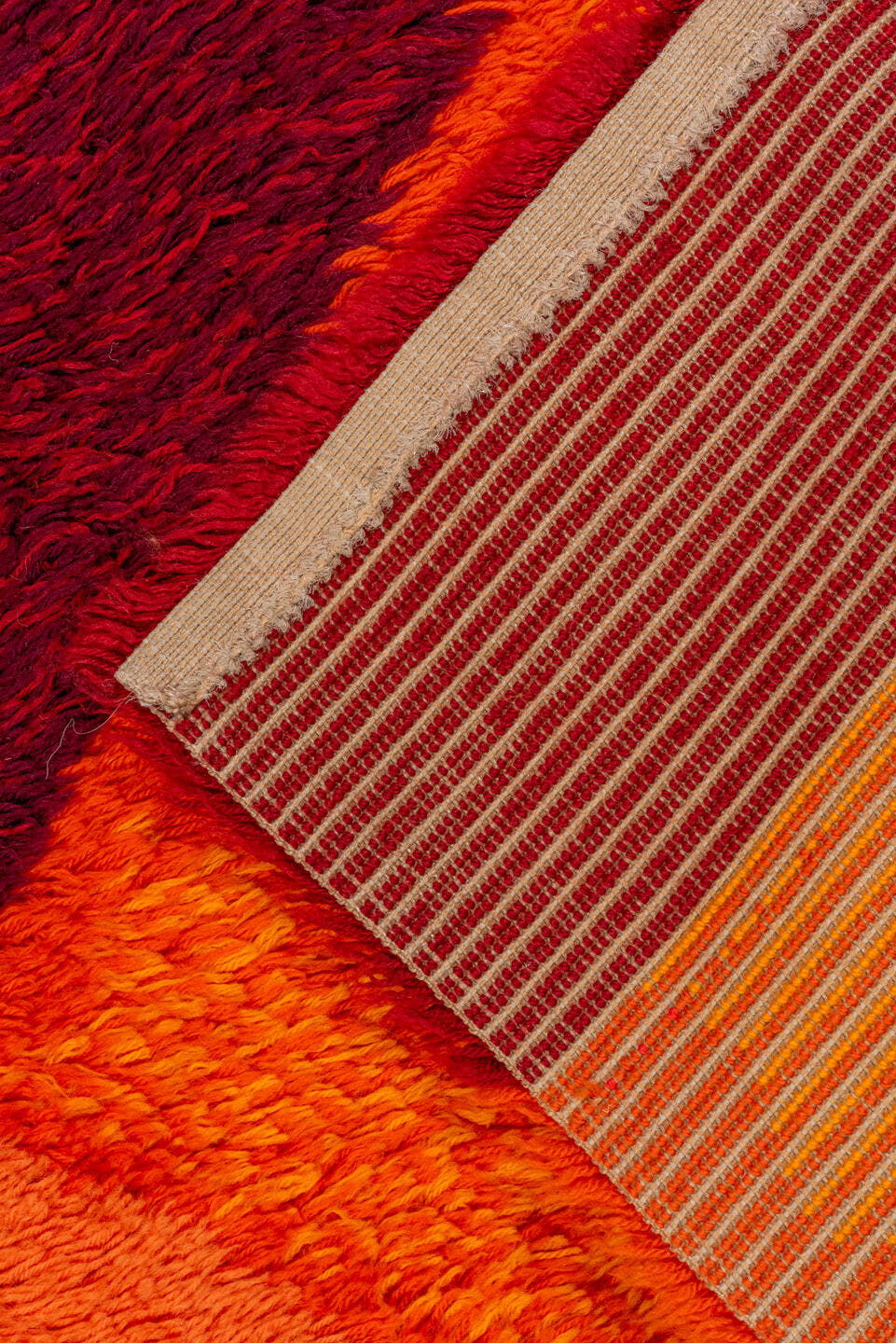 8' x 11' one-of-a-kind handmade vintage Shag large size rug. Color palette: red, orange, crimson, coral, burgundy, peach