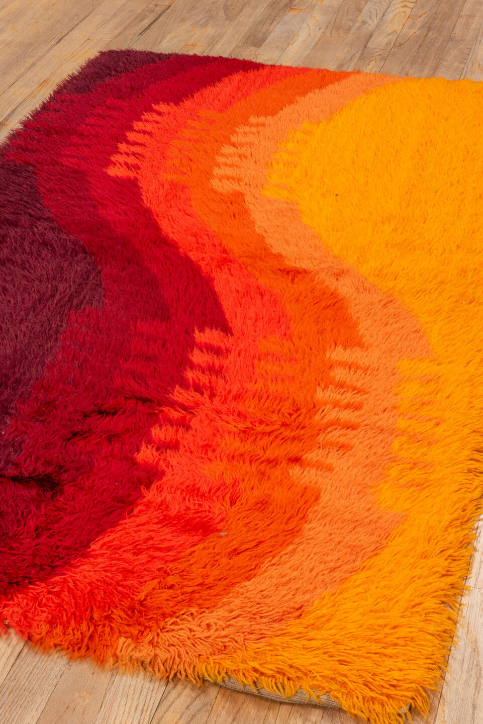 3' x 5' one-of-a-kind handmade vintage Shag small size rug. Color palette: orange, red, burgundy, coral, terracotta