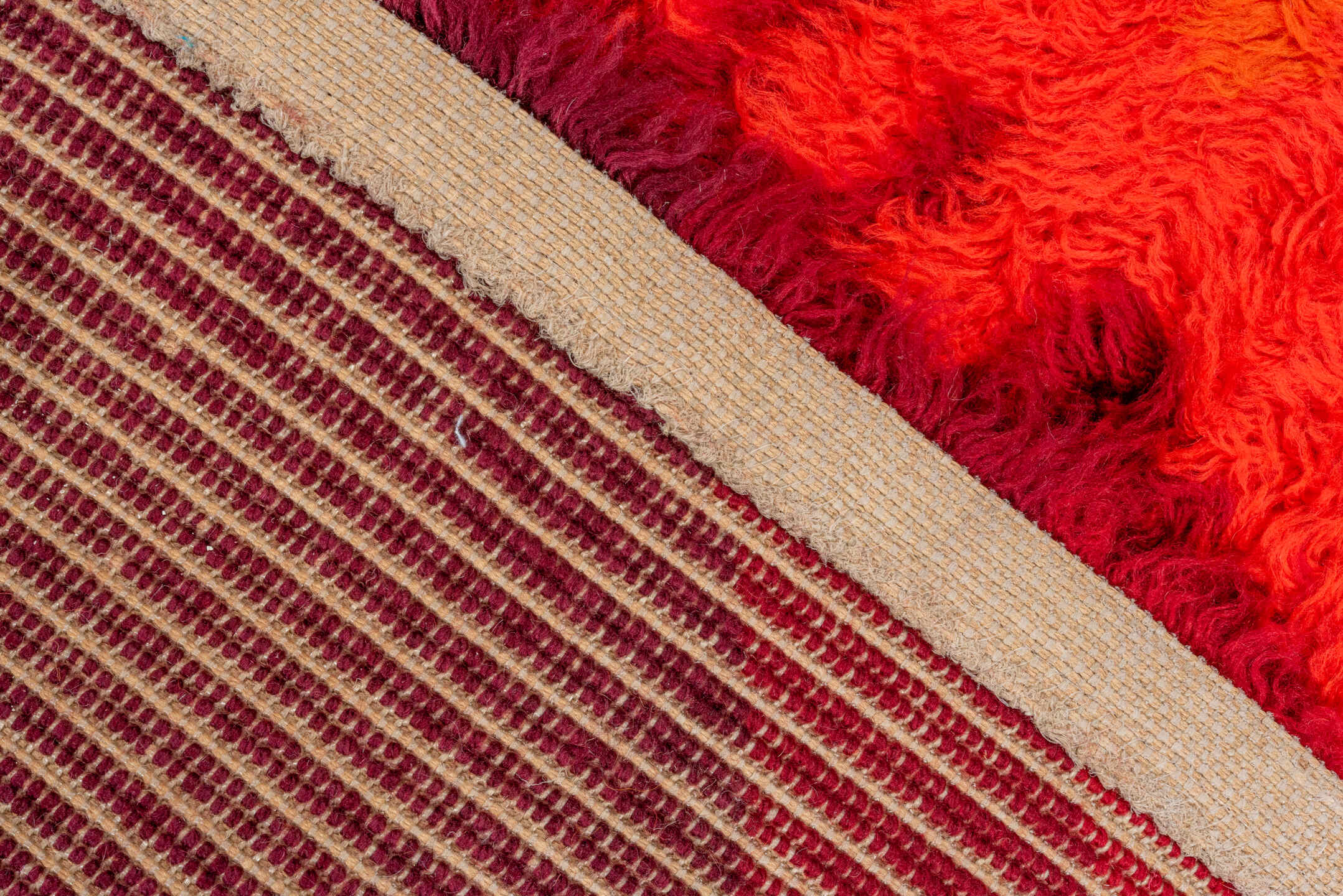 3' x 5' one-of-a-kind handmade vintage Shag small size rug. Color palette: orange, red, burgundy, coral, terracotta