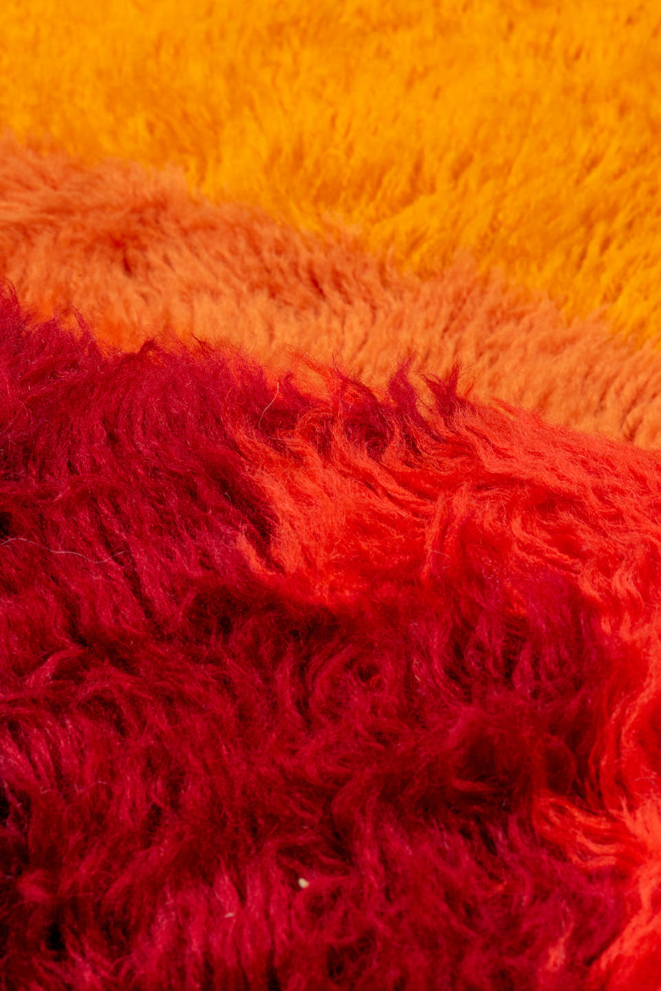 3' x 5' one-of-a-kind handmade vintage Shag small size rug. Color palette: orange, red, burgundy, coral, terracotta