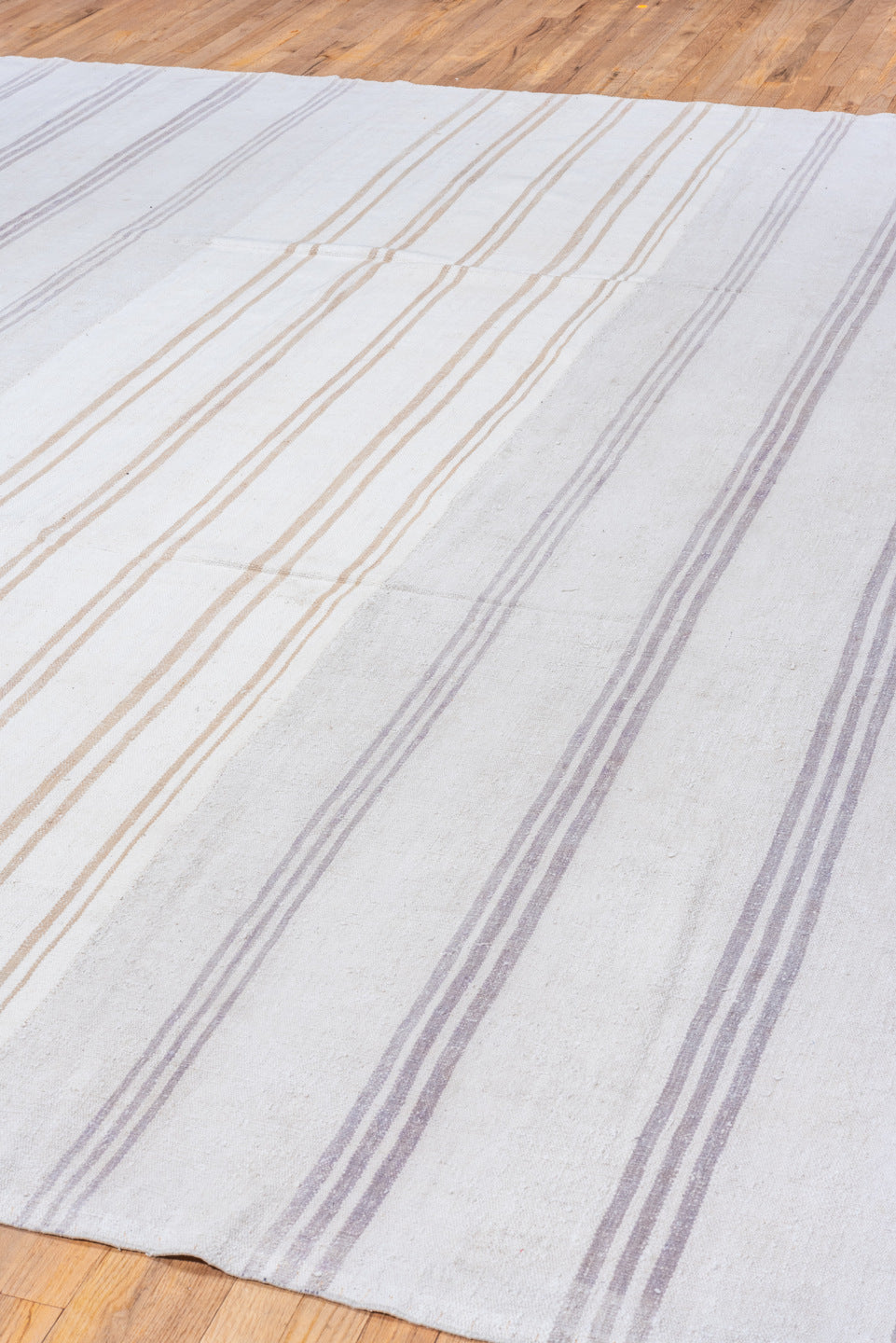 9' x 11' one-of-a-kind handmade antique Flatweave large size rug. Color palette: ivory, lavender, gold, cream, light gray