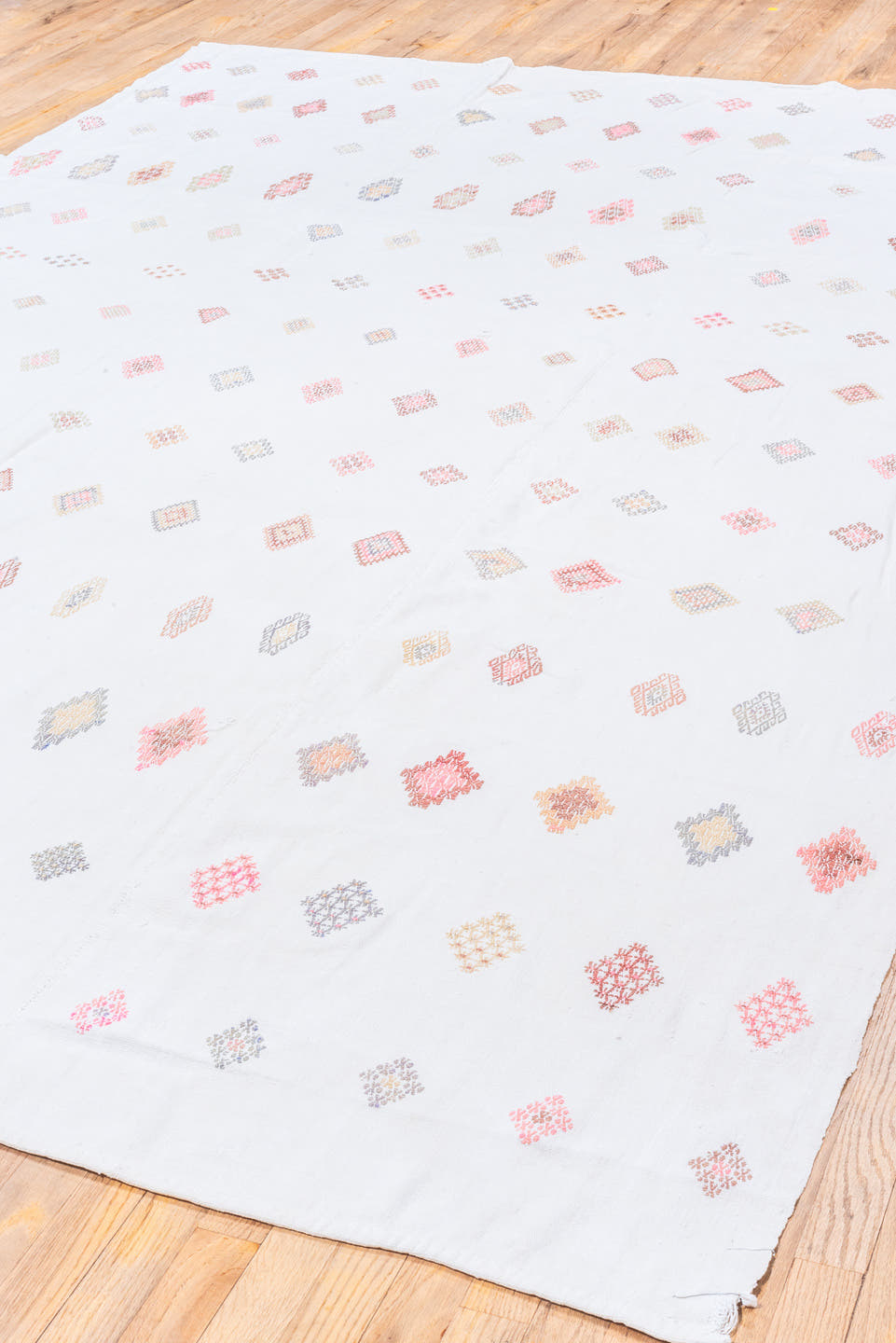 7' x 11' one-of-a-kind handmade antique Flatweave large size rug. Color palette: ivory, rose, blush, taupe, peach, gray