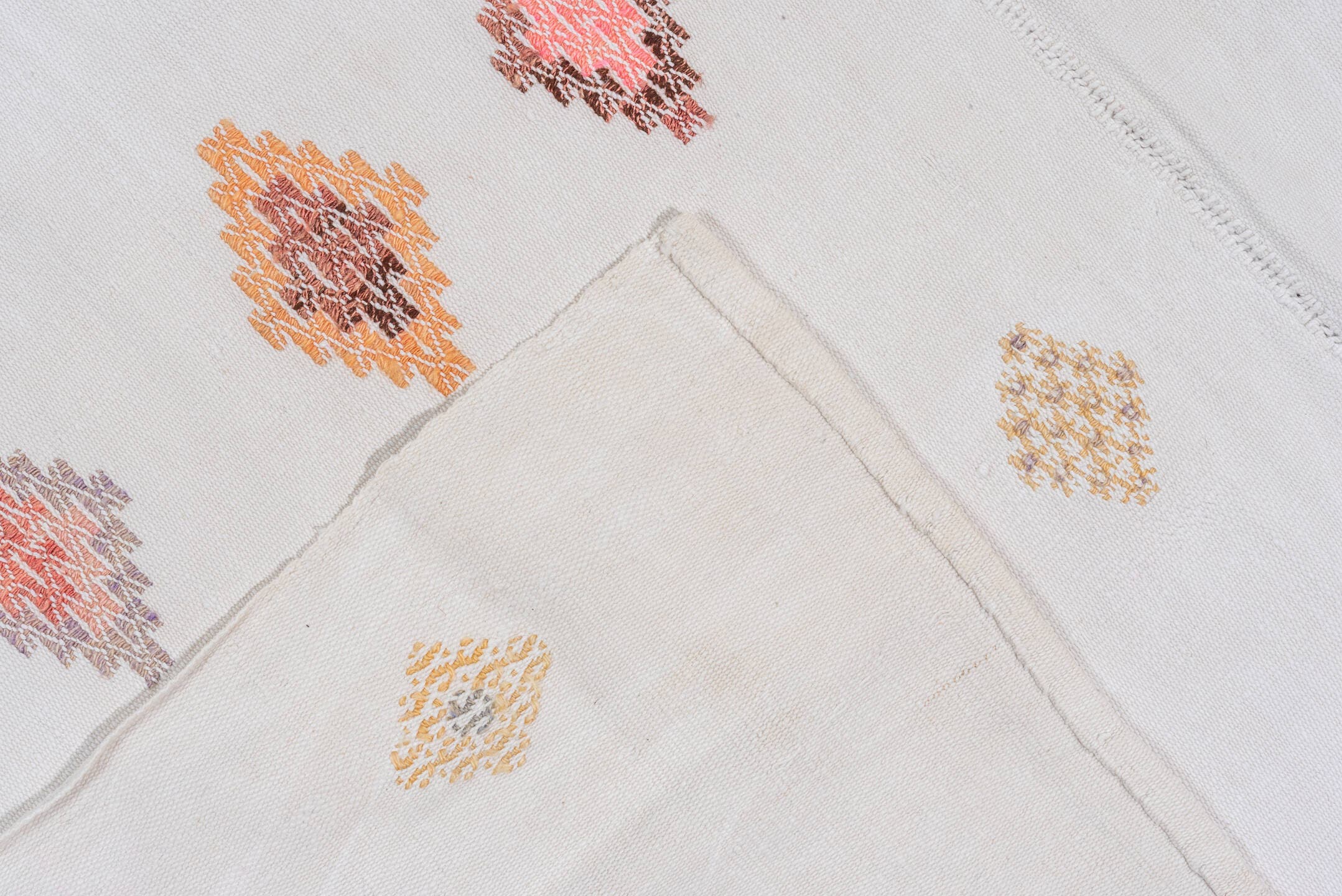 7' x 11' one-of-a-kind handmade antique Flatweave large size rug. Color palette: ivory, rose, blush, taupe, peach, gray