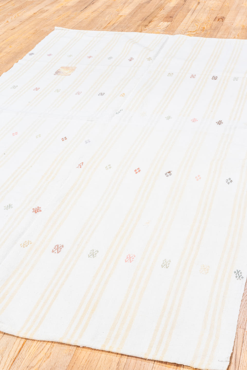 4' x 7' one-of-a-kind handmade antique Flatweave rug. Color palette: ivory, cream, taupe, camel, rose, rust, charcoal, gold