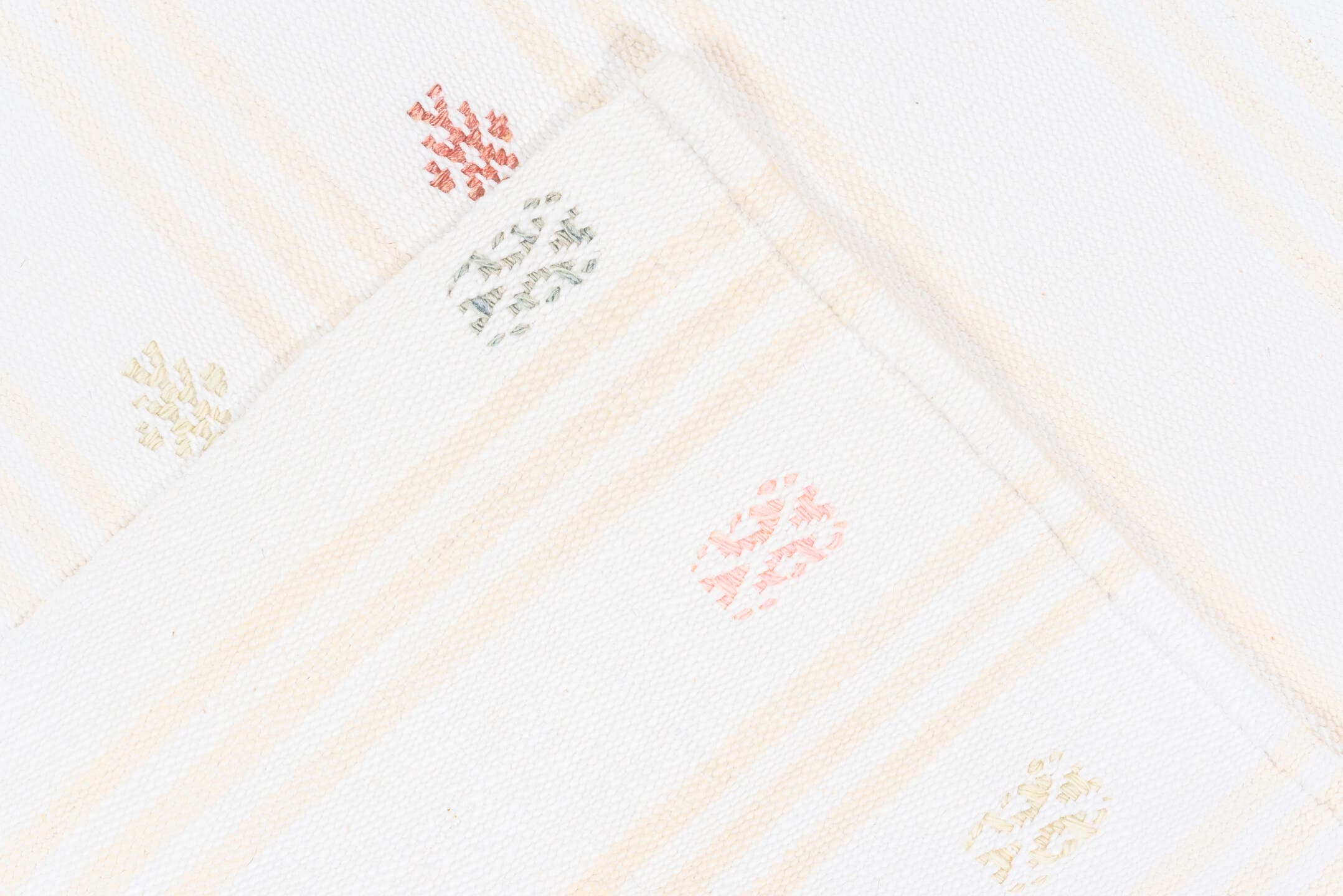 4' x 7' one-of-a-kind handmade antique Flatweave rug. Color palette: ivory, cream, taupe, camel, rose, rust, charcoal, gold